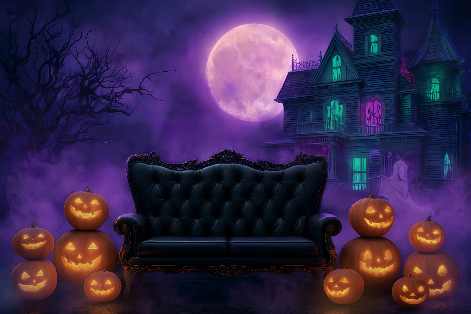 Halloween-Mond-Hintergrund Gothic-Sofa Spukhaus Halloween-Hintergr¨¹nde TWW510-22