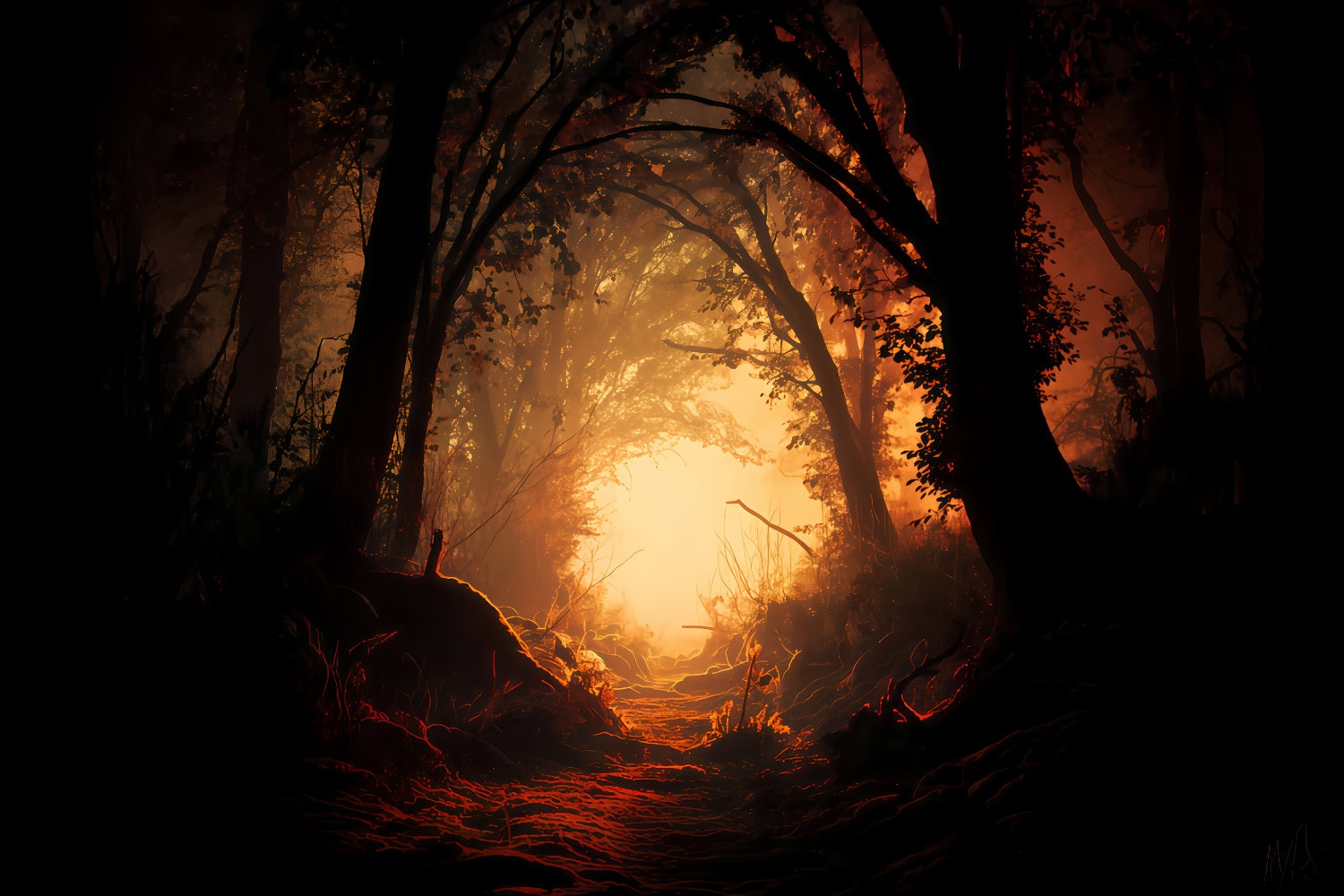 Spukwald-Hintergrund Verzauberter Wald Feuriger Pfad Halloween-Fotografie-Hintergrund TWW510-29