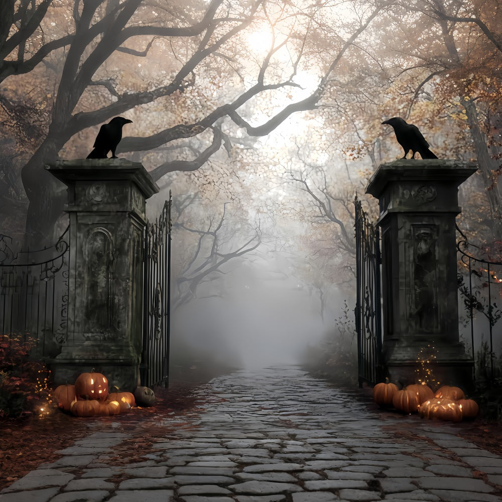 Spukwald-Hintergrund Nebliger Friedhofstor-Eingang Halloween-Fotohintergrund TWW510-3