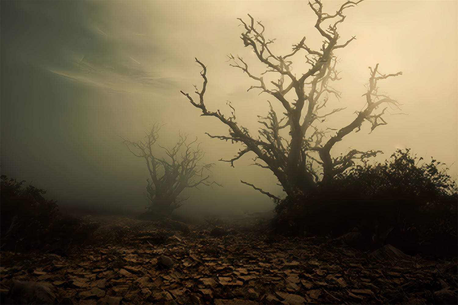 Spukwald-Hintergrund Nebliges Feld mit toten B?umen Halloween-Hintergrund TWW510-41
