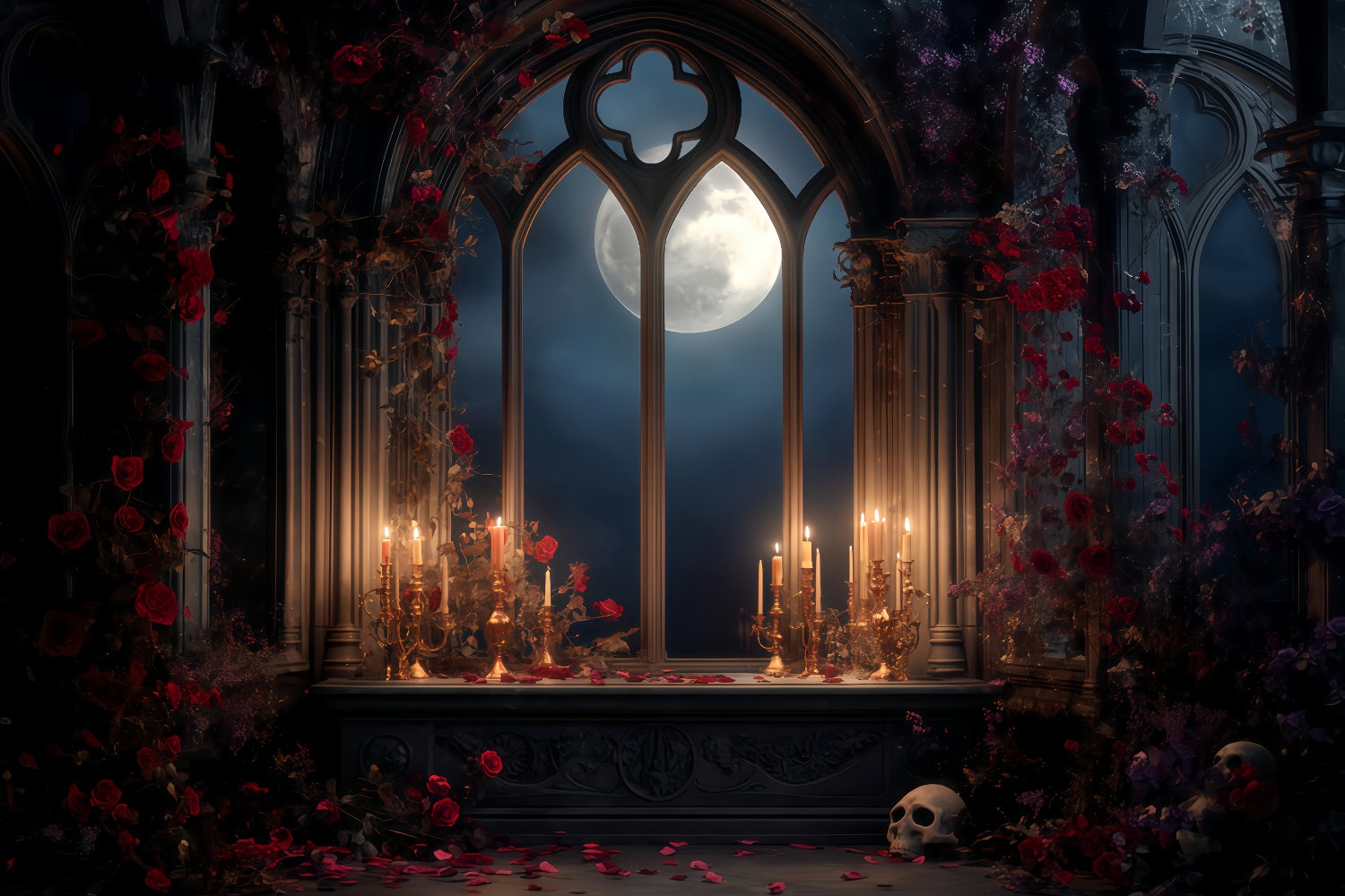 Gruselige Halloween-Hintergr¨¹nde Mondbeschienener gotischer Kerzenaltar Halloween-Fotohintergr¨¹nde TWW510-47