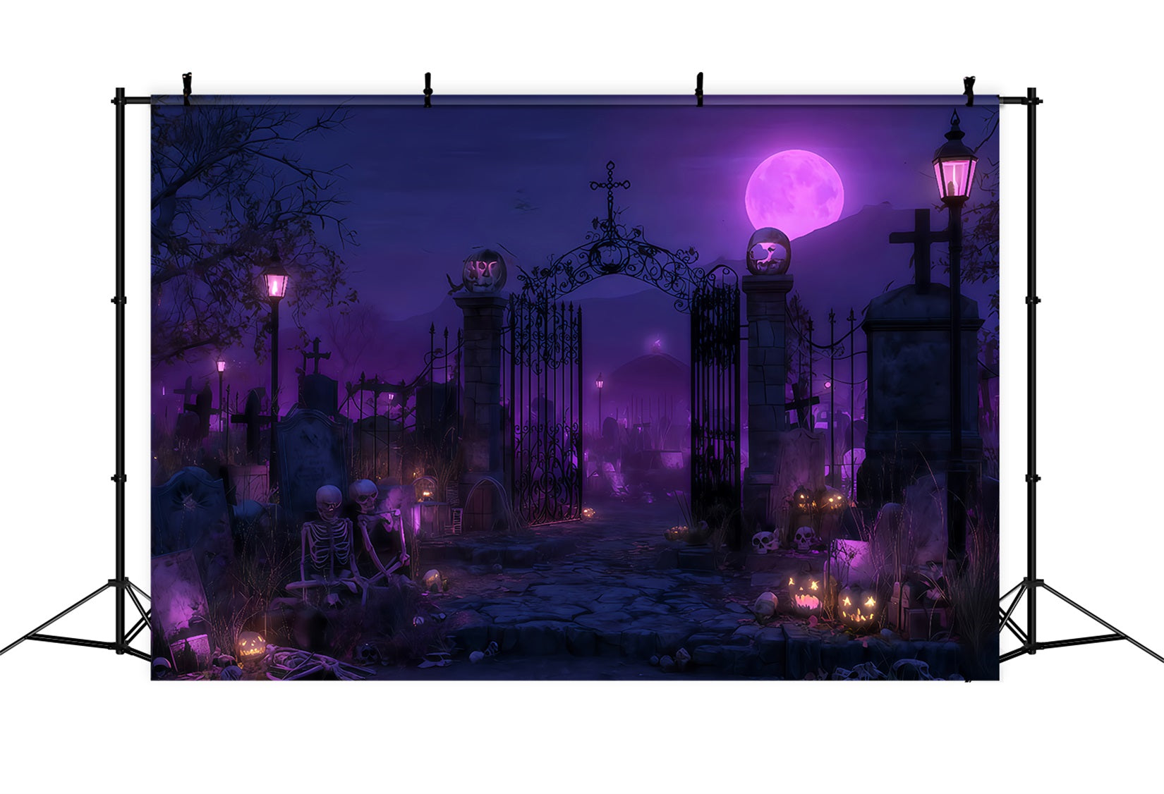 Halloween-Geister-Hintergrund Lila Mond Friedhofstor Halloween-Fotohintergrund TWW510-49