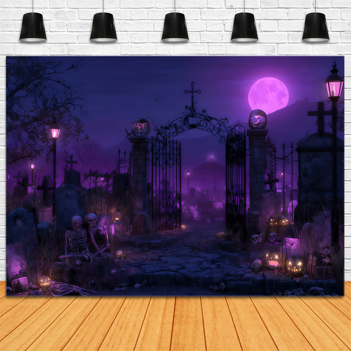 Halloween-Geister-Hintergrund Lila Mond Friedhofstor Halloween-Fotohintergrund TWW510-49