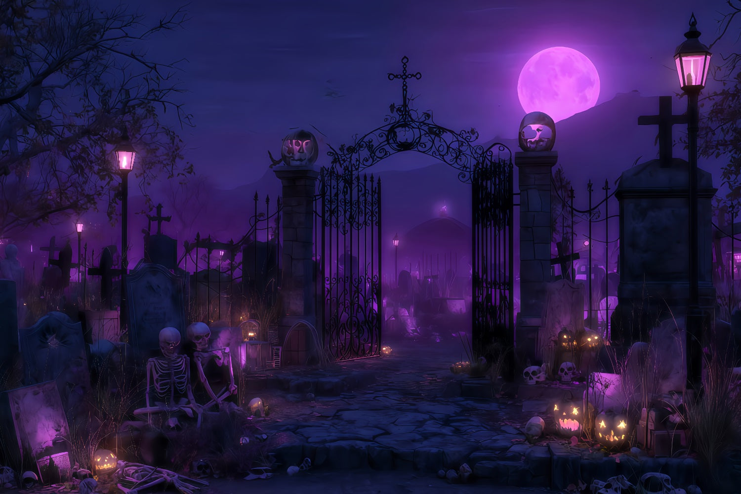 Halloween-Geister-Hintergrund Lila Mond Friedhofstor Halloween-Fotohintergrund TWW510-49