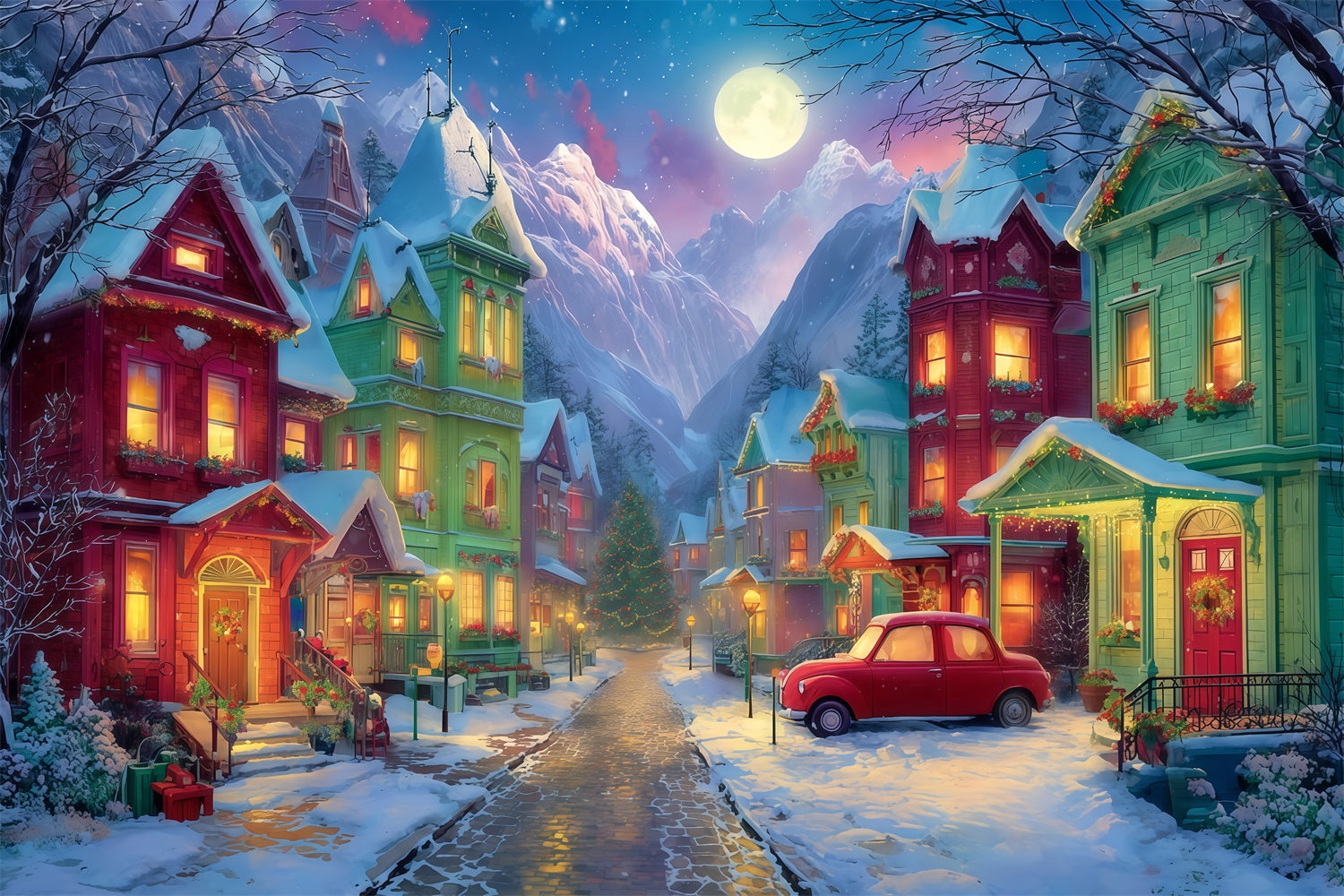 Grinch-Hintergrund Verschneites Dorf Weihnachtsnacht Weihnachtsfotografie-Hintergr¨¹nde TWW510-50