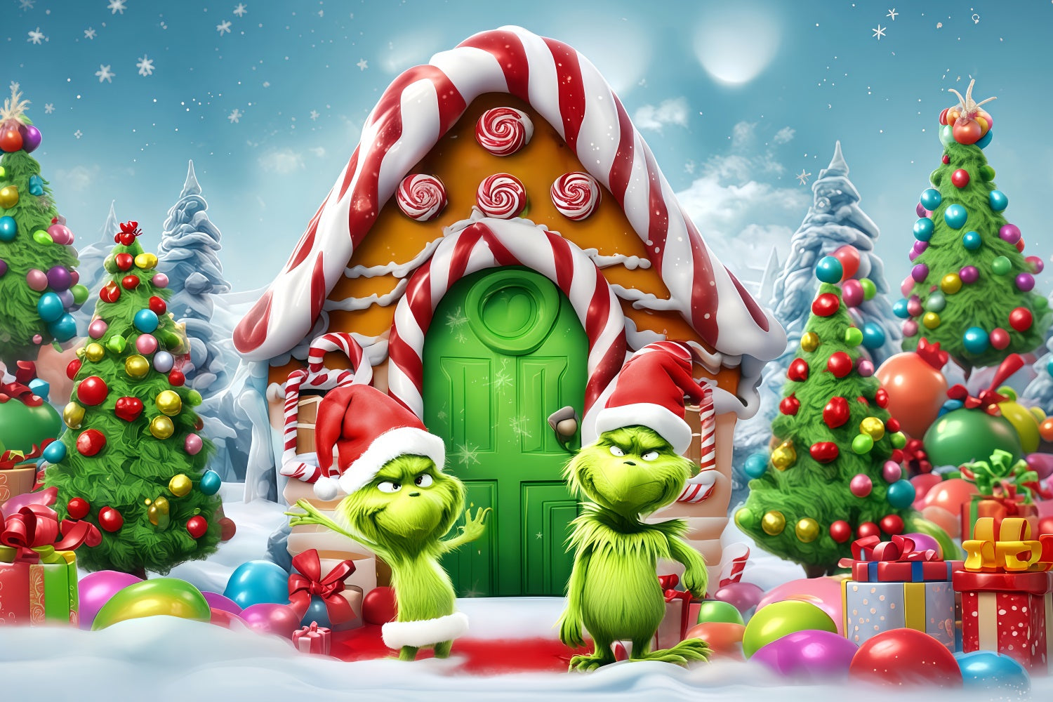 Grinch-Fotohintergrund S¨¹?igkeitenhaus Grinch Funland Weihnachtshintergr¨¹nde TWW510-51
