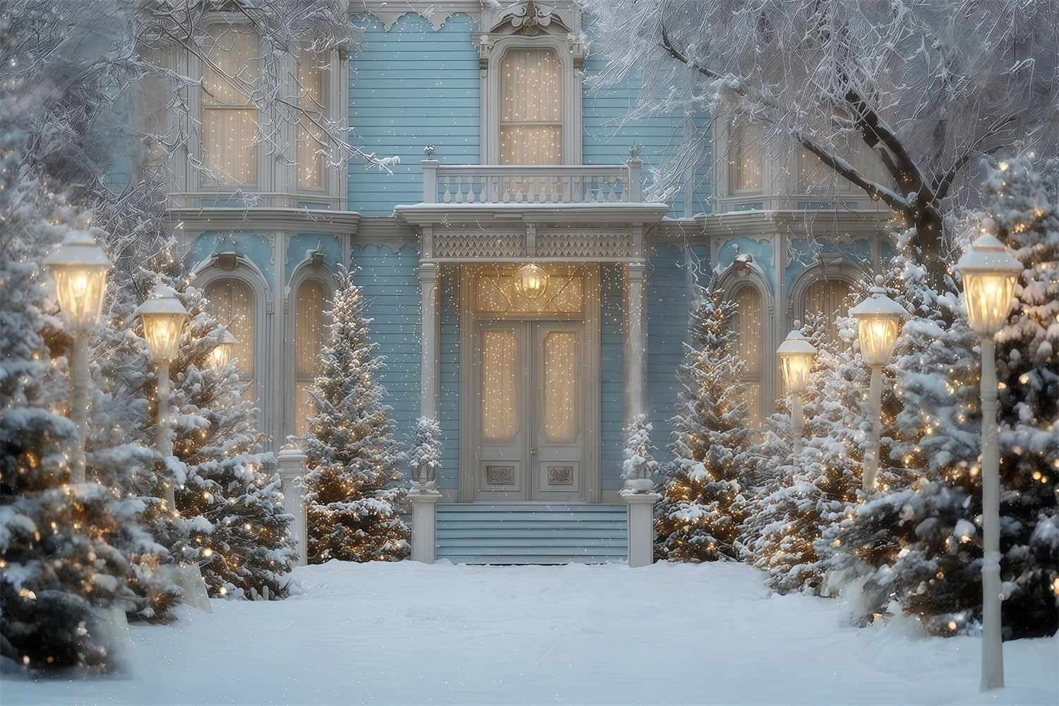 Weihnachtsbaum-Hintergrund Verschneite blaue Wintervilla Weihnachtshintergrund-Ideen TWW510-55