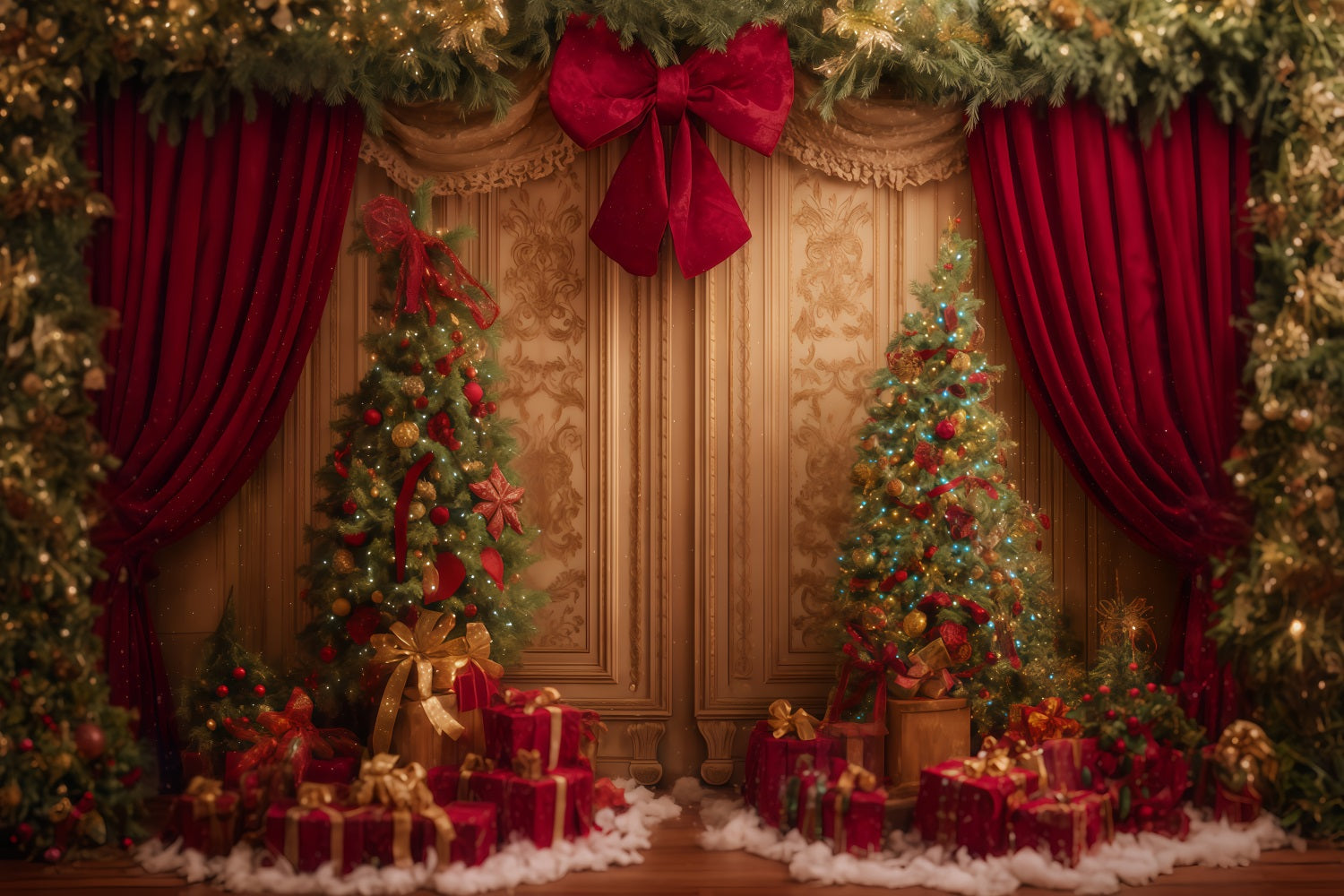 Weihnachtswand-Hintergrund Roter Vorhang Geschenkfreude Weihnachtshintergrund TWW510-56