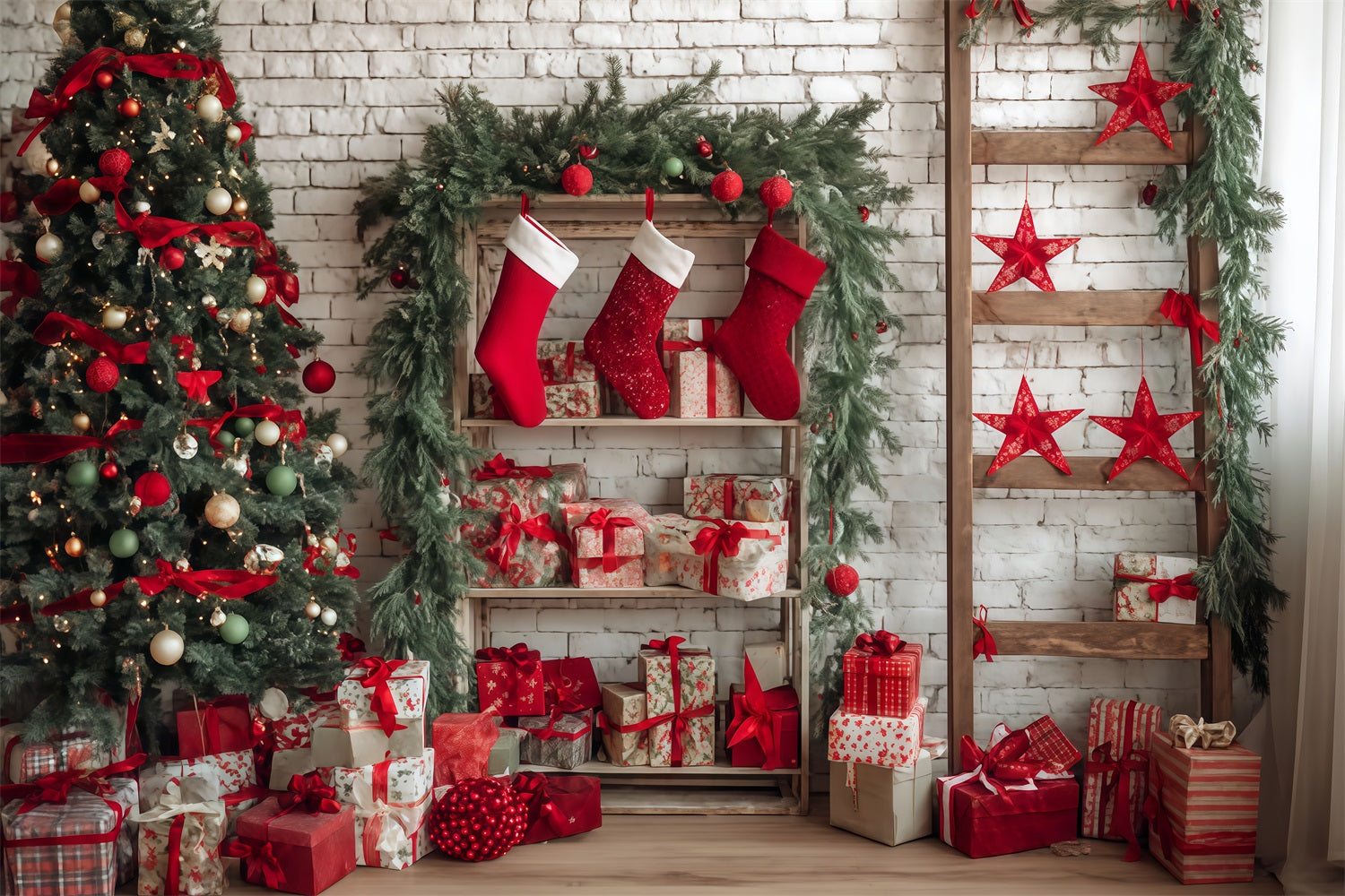 Weihnachtswand-Hintergrund Gem¨¹tliche Str¨¹mpfe Geschenkeecke Weihnachtshintergr¨¹nde TWW510-57