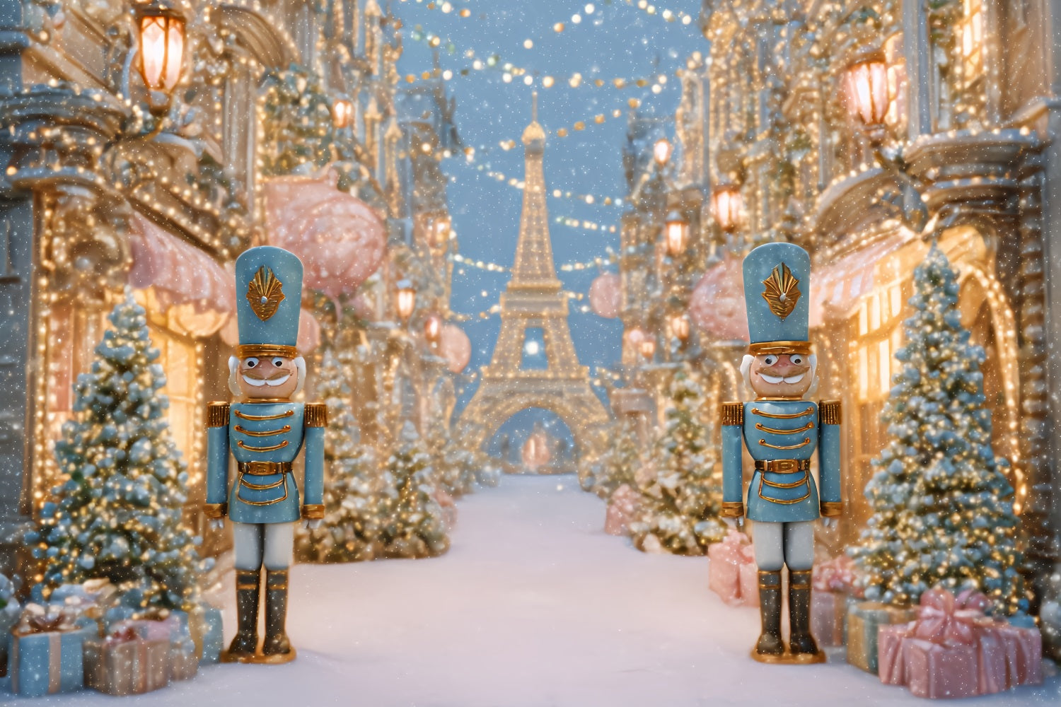 Nussknacker-Hintergrund Verschneites Paris Winterstra?e Weihnachtsfoto-Hintergrund TWW510-58