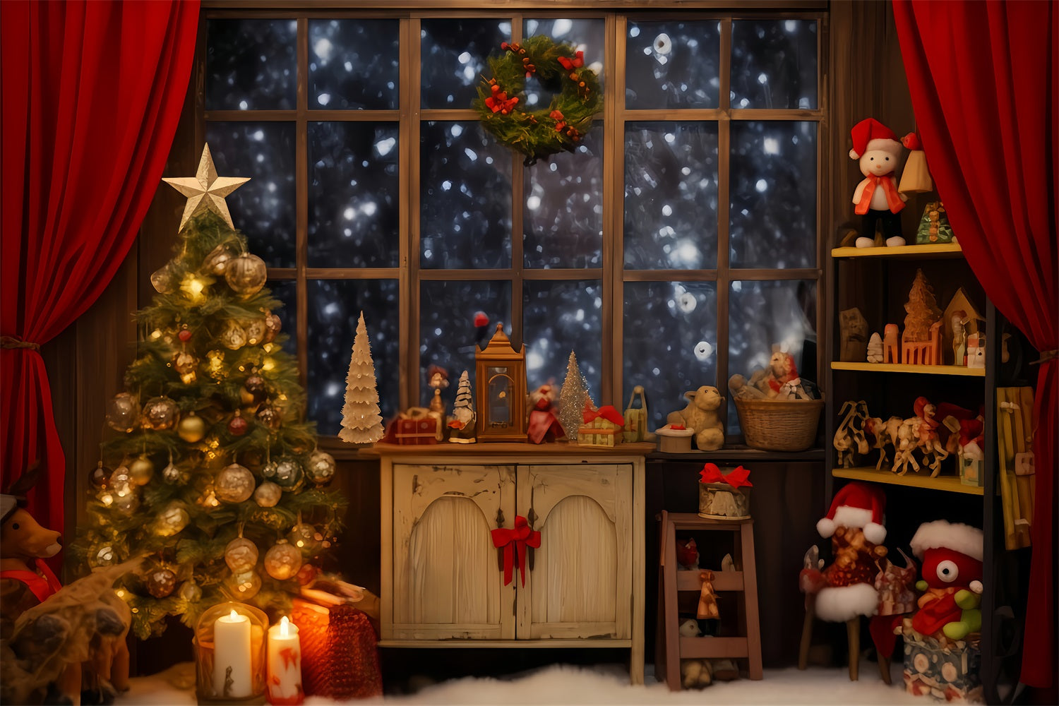 Weihnachtsmann-Werkstatt-Hintergrund Gem¨¹tliches Fenster Spielzeug-Ecke Weihnachts-Hintergrund-Ideen TWW510-61