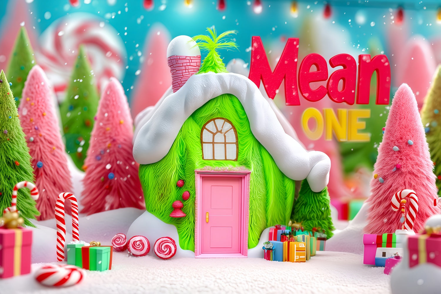 Grinch-Foto-Hintergrund Whoville Gr¨¹nes Bonbon-H?uschen Weihnachts-Hintergr¨¹nde TWW510-63