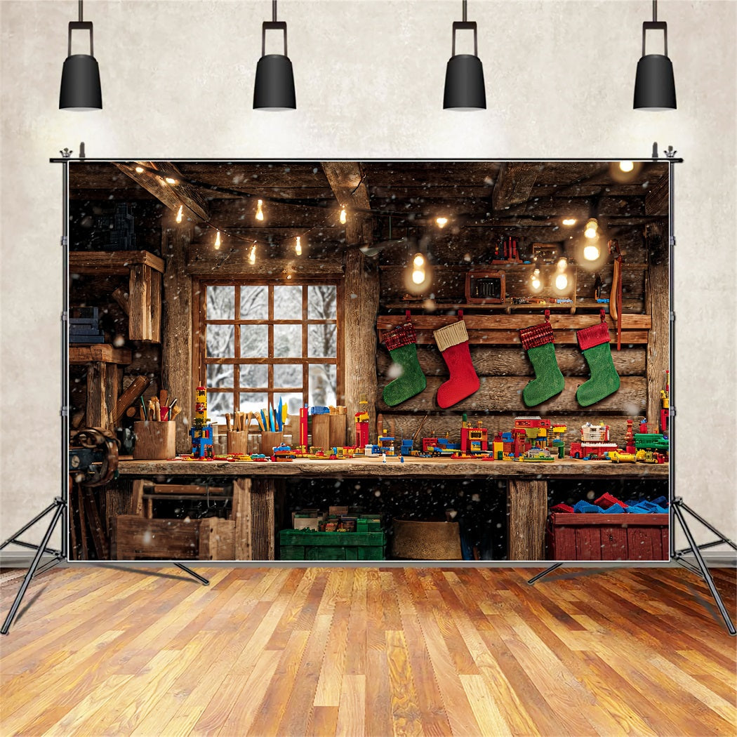 Hintergrund „Weihnachtsmann-Werkstatt“ Holzhütte Spielzeugbank Weihnachtshintergrund TWW510-64
