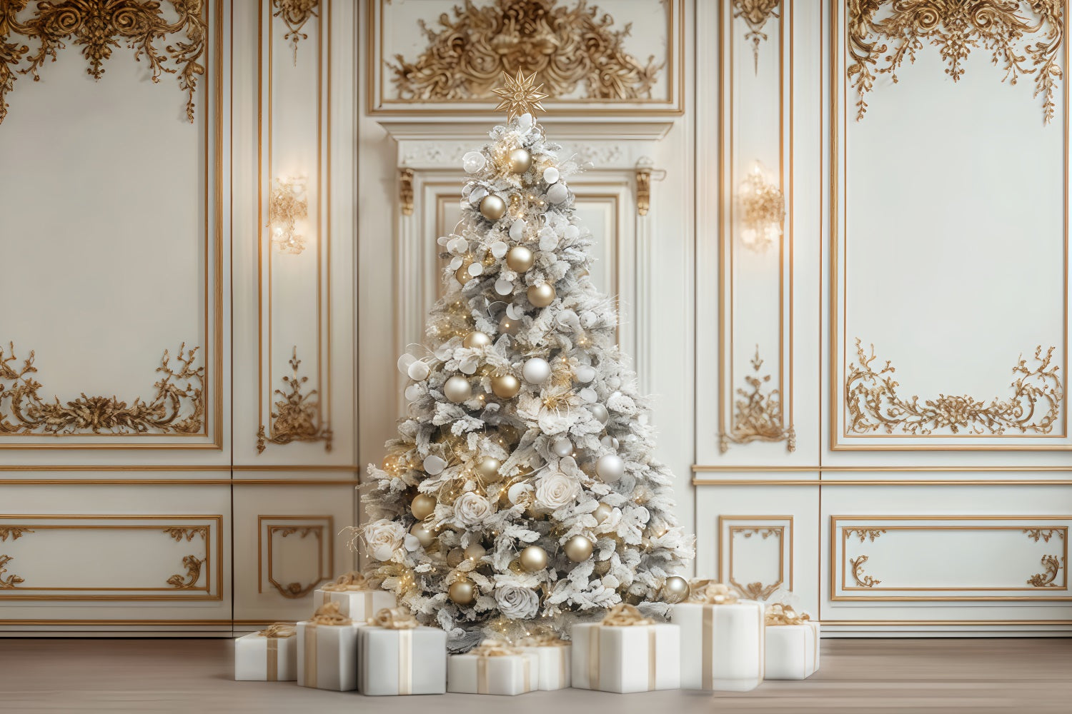 Weihnachtswand-Hintergrund Wei?gold Eleganter Baum Weihnachtsfoto-Hintergrund TWW510-66