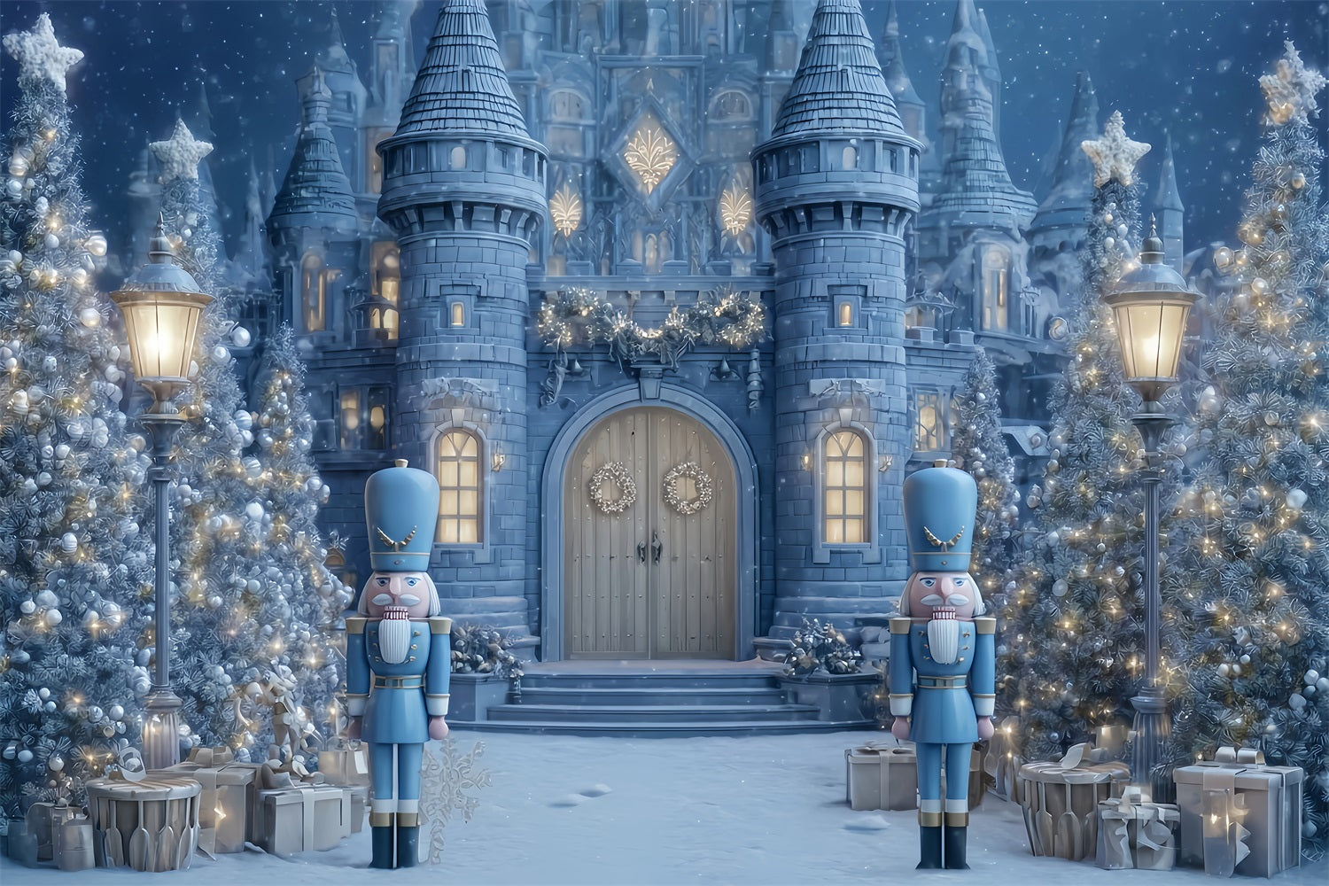 Nussknacker-Hintergrund Blaues Nussknacker-Schloss Tor Weihnachtshintergrund-Ideen TWW510-69