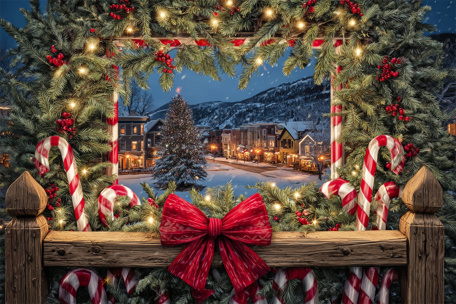 Weihnachts-Schleifen-Hintergrund Gem¨¹tliche Stadt Weihnachtsfenster Weihnachts-Foto-Hintergr¨¹nde TWW510-75