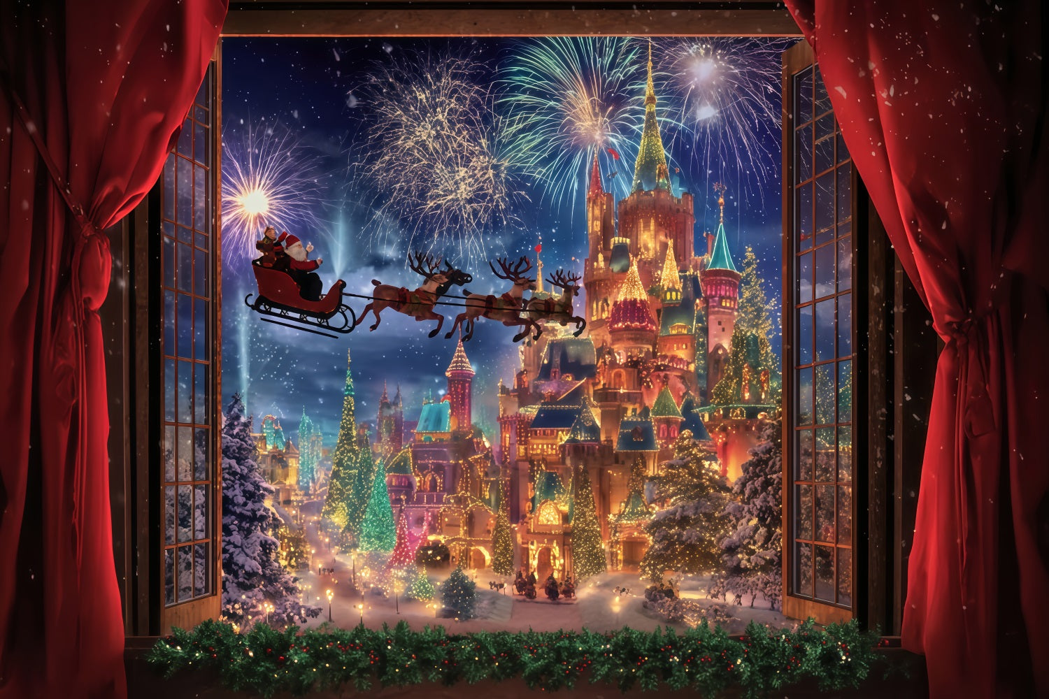 Weihnachtsmann-Foto-Hintergrund Weihnachtsmann-Schlitten Feuerwerk Schloss Weihnachtshintergrund TWW510-78