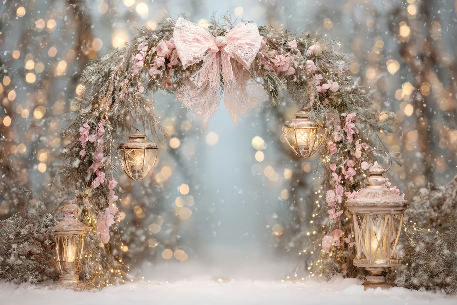 Rosa Schleifen-Hintergrund Rosa Laternen Schnee-Bogen Weihnachts-Hintergrund TWW510-80