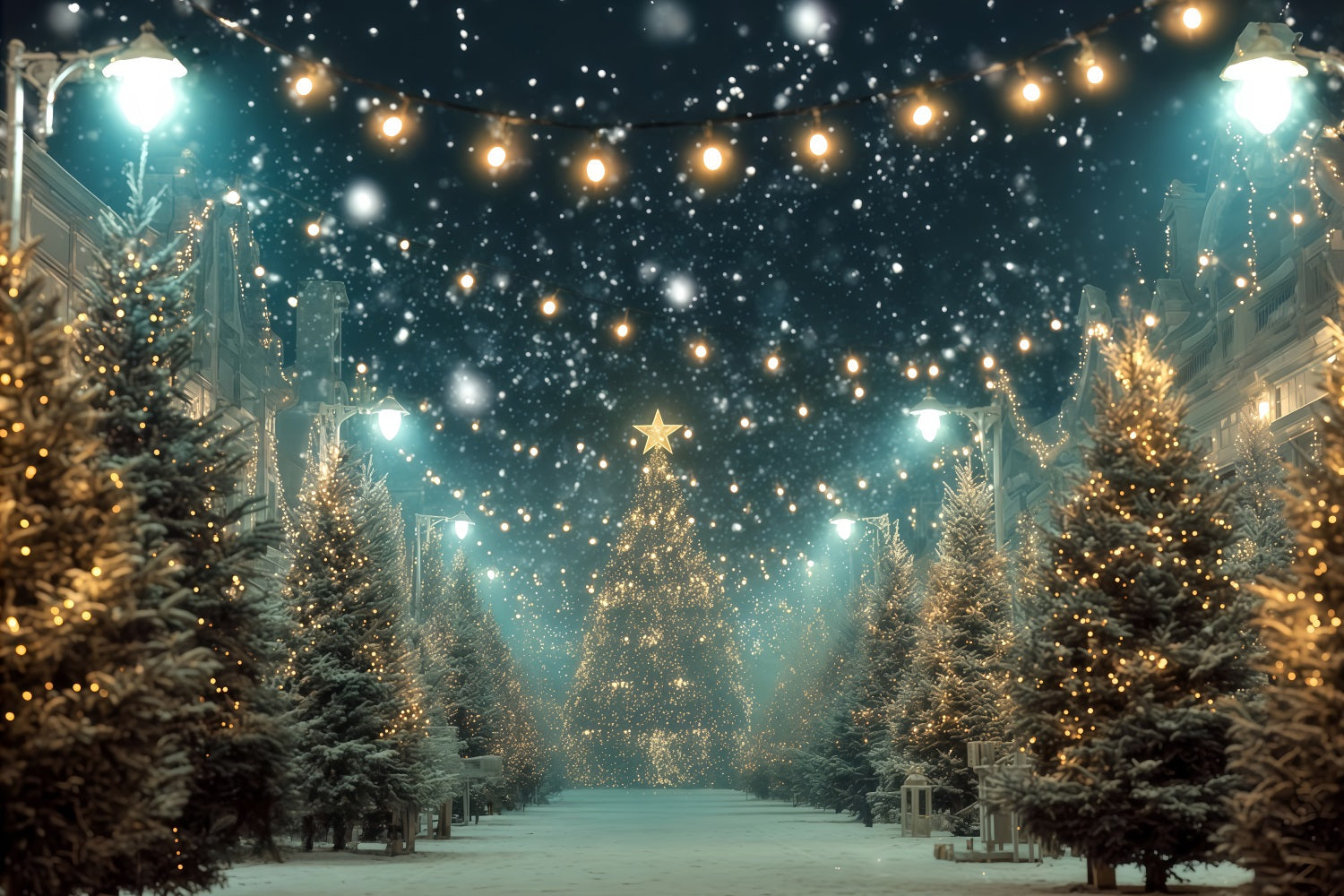 Weihnachtsbaum-Hintergrund Verschneite Stra?e Goldene Lichter Weihnachtsfoto-Hintergrund TWW510-82