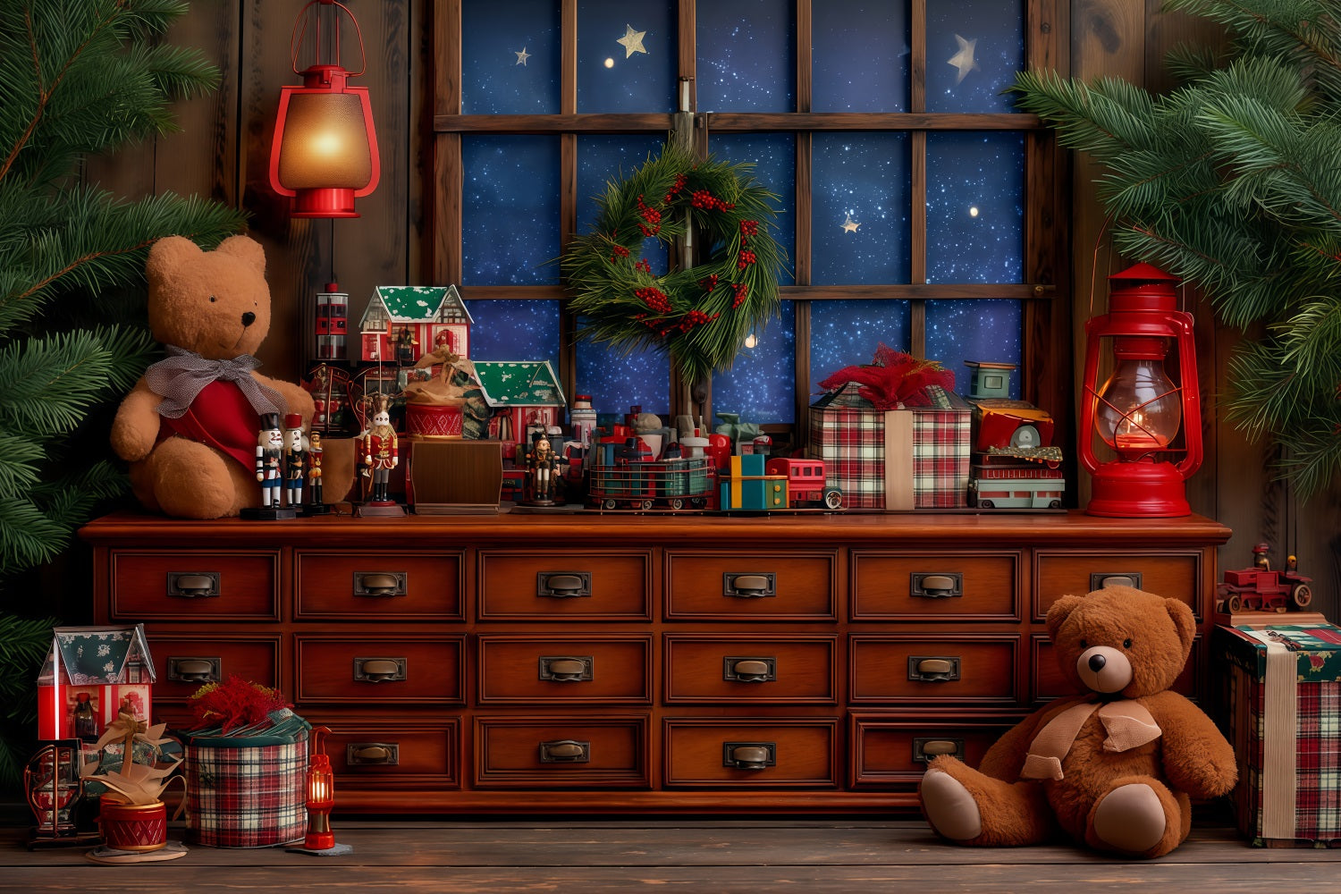 Weihnachtsmann-Werkstatt-Hintergrund Gem¨¹tliche Spielzeugwerkstatt Fenster Weihnachtshintergr¨¹nde TWW510-87