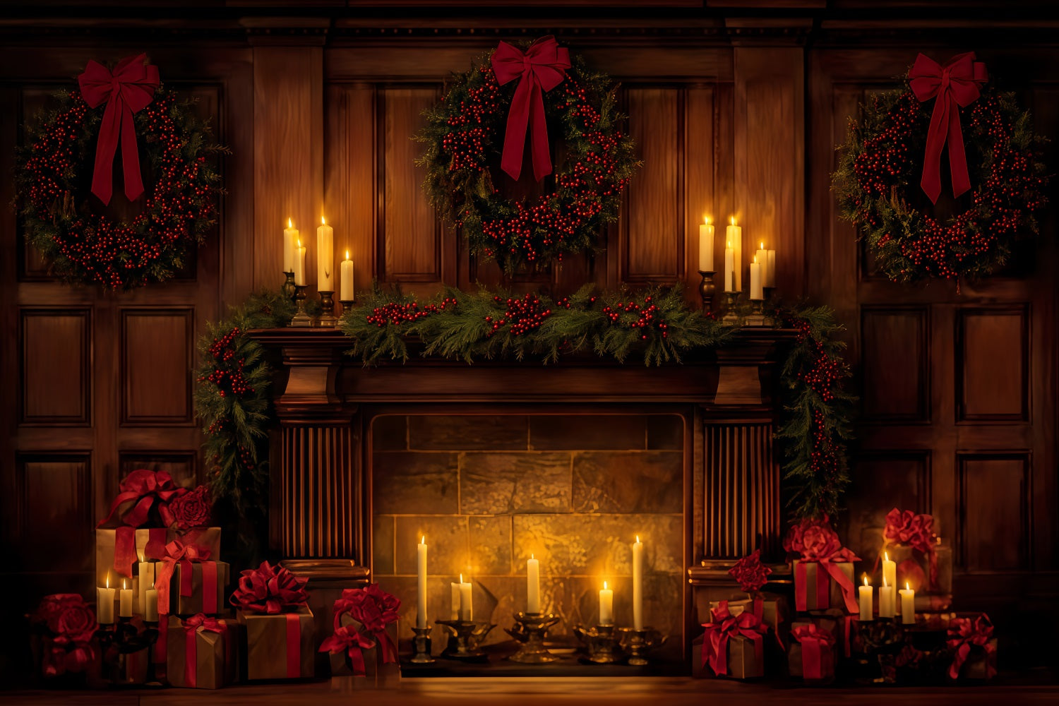 Weihnachts-Schleifen-Hintergrund Eleganter, kerzenbeleuchteter Weihnachtskamin Weihnachtshintergrund TWW510-96