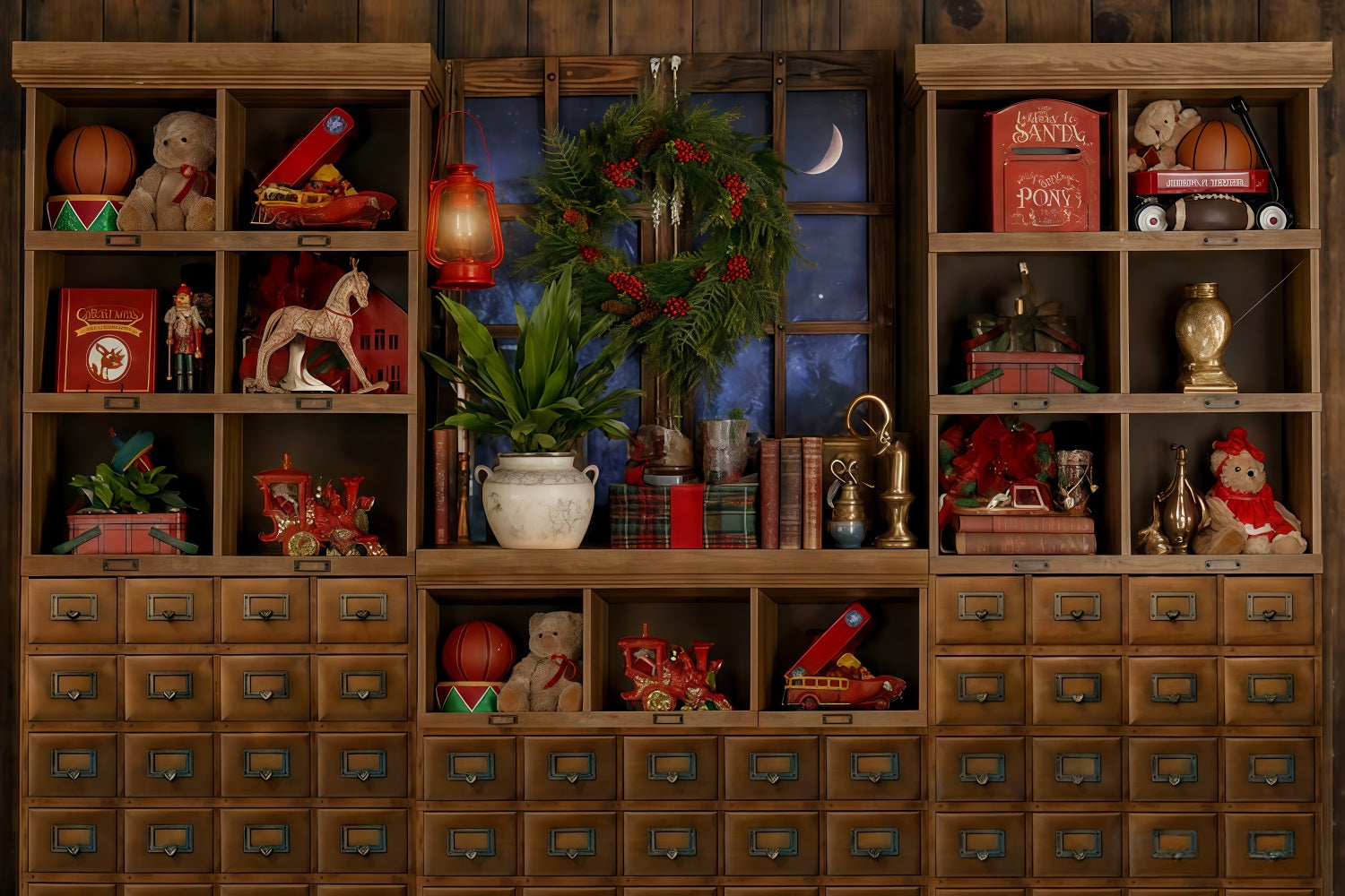 Weihnachtsmann-Spielzeugladen-Hintergrund Spielzeugregal Mondbeschienenes Fenster Weihnachtsfoto-Hintergrund TWW510-98