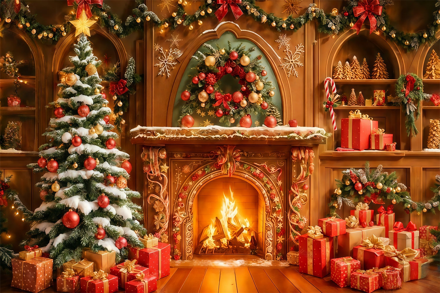 Lebkuchenhaus-Hintergrund Goldener Kamin Feiertagsglanz Weihnachtsfoto-Hintergr¨¹nde TWW510-99