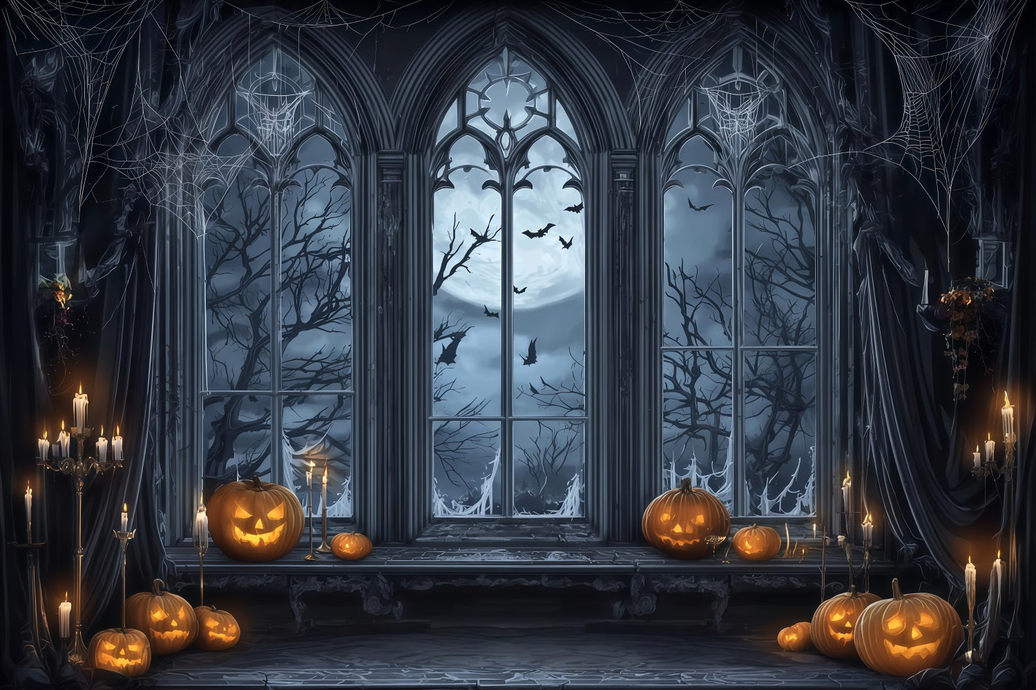 Halloween-Fledermauskulisse Gotisches Fenster Mondlicht K¨¹rbisse Halloween-Fotokulisse TWW510-9