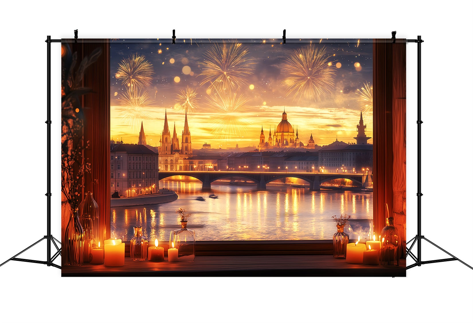 Neujahrshintergrund Goldener Sonnenuntergang Stadtlandschaft Feuerwerk Foto-Hintergrund TWW512-10