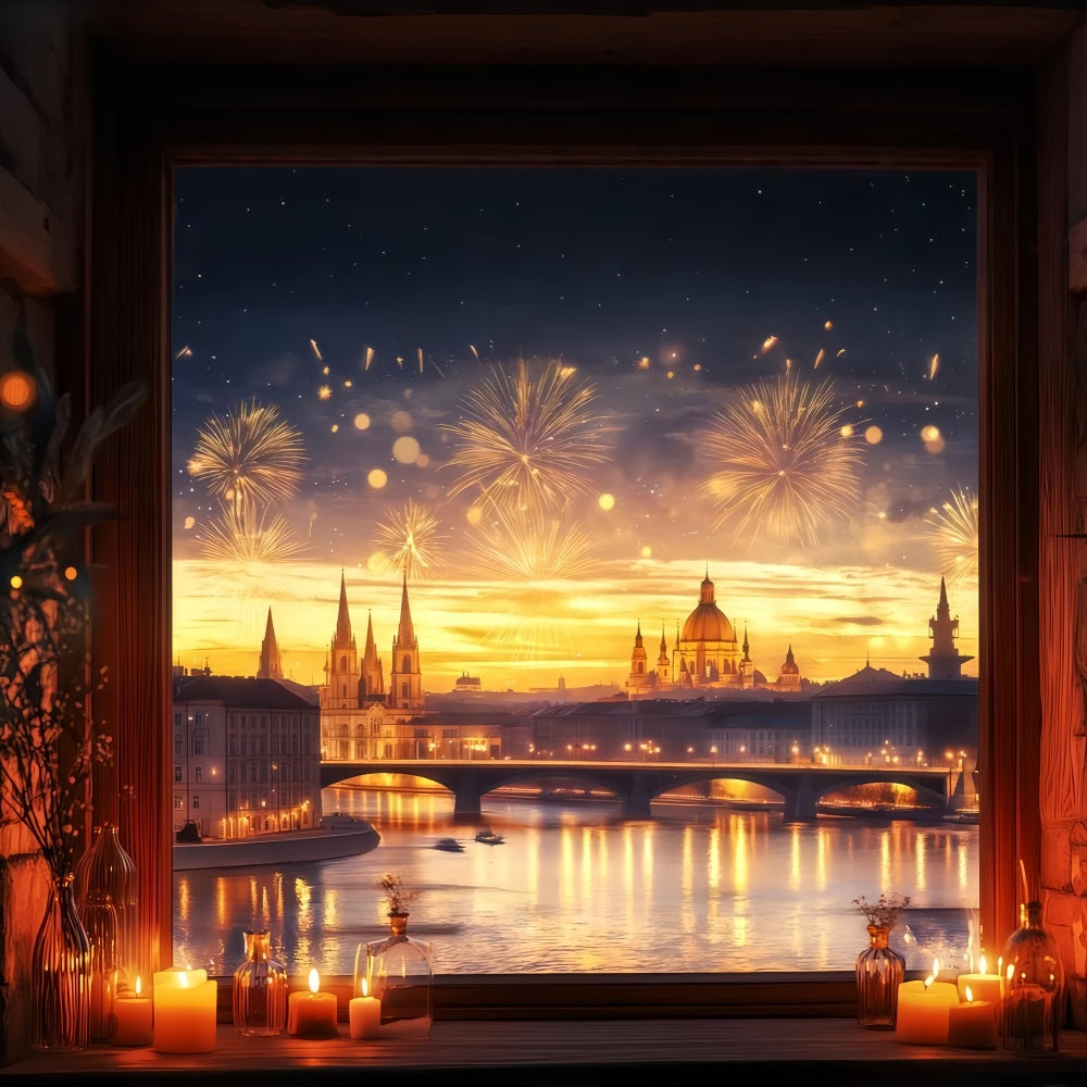 Neujahrshintergrund Goldener Sonnenuntergang Stadtlandschaft Feuerwerk Foto-Hintergrund TWW512-10