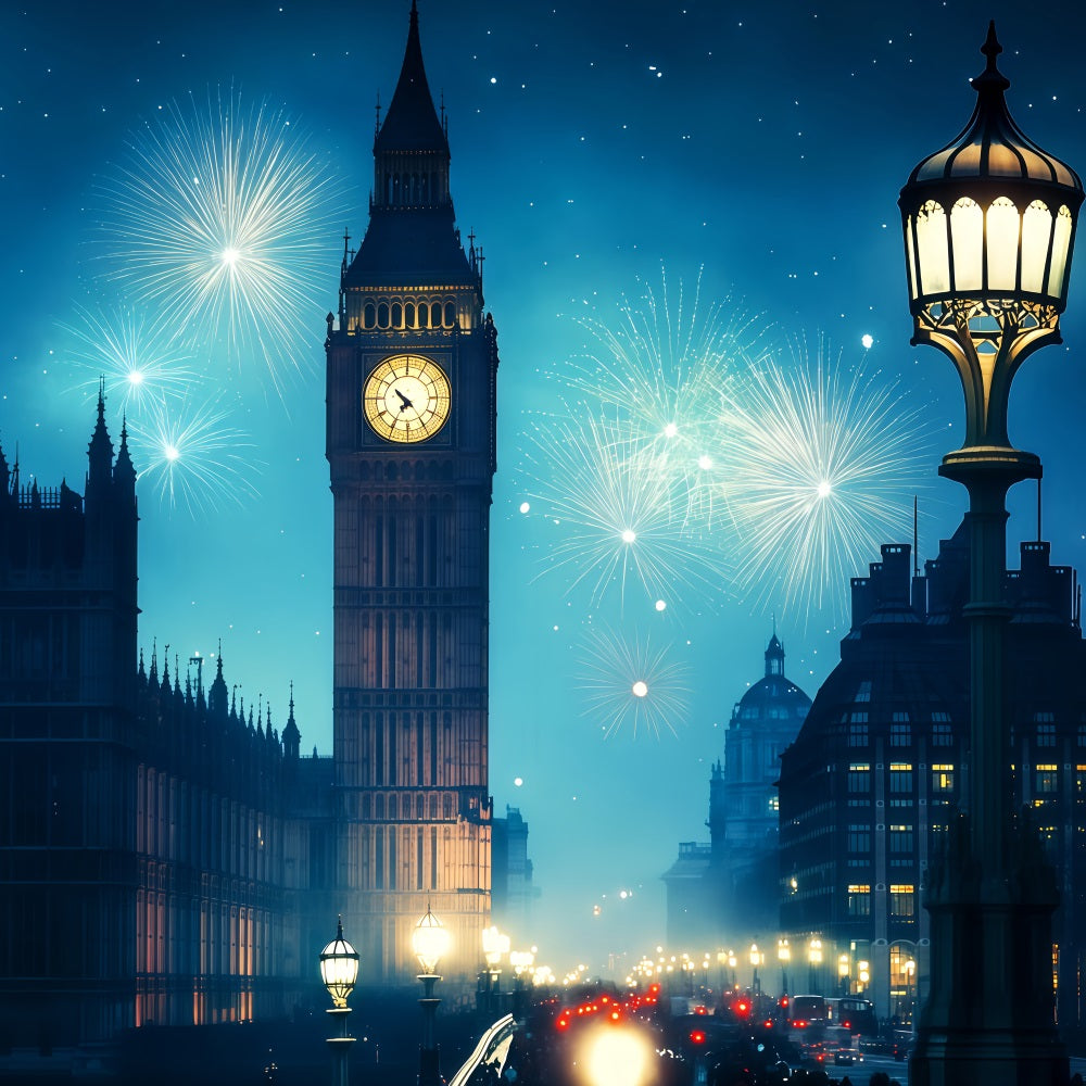 Neujahrshintergründe Londoner Uhrenturm Feuerwerk Stadt bei Nacht Hintergrund TWW512-15