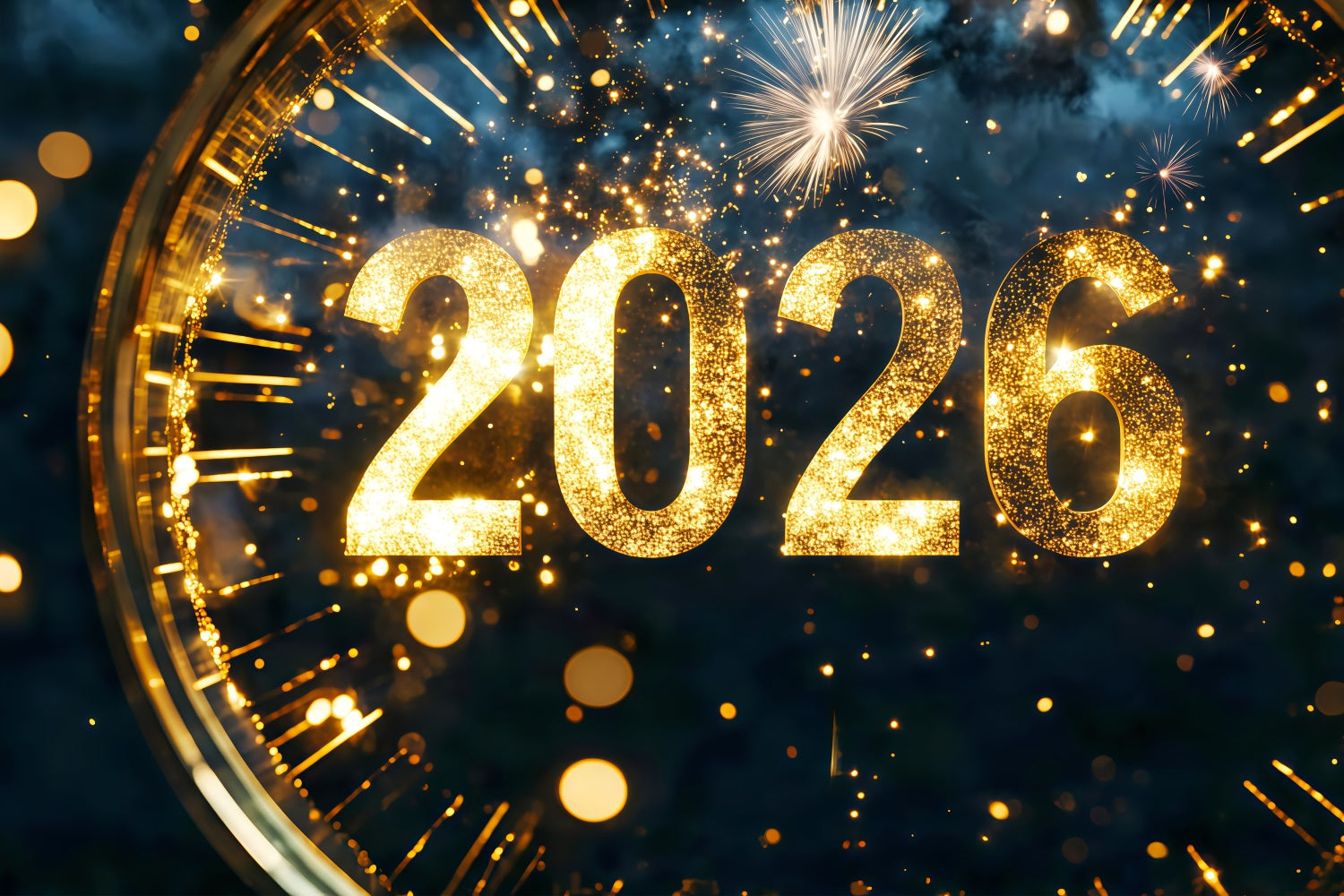 2026 Neujahrs-Hintergrund Glitzernder Countdown Funkenregen Uhr Foto-Hintergrund TWW512-16