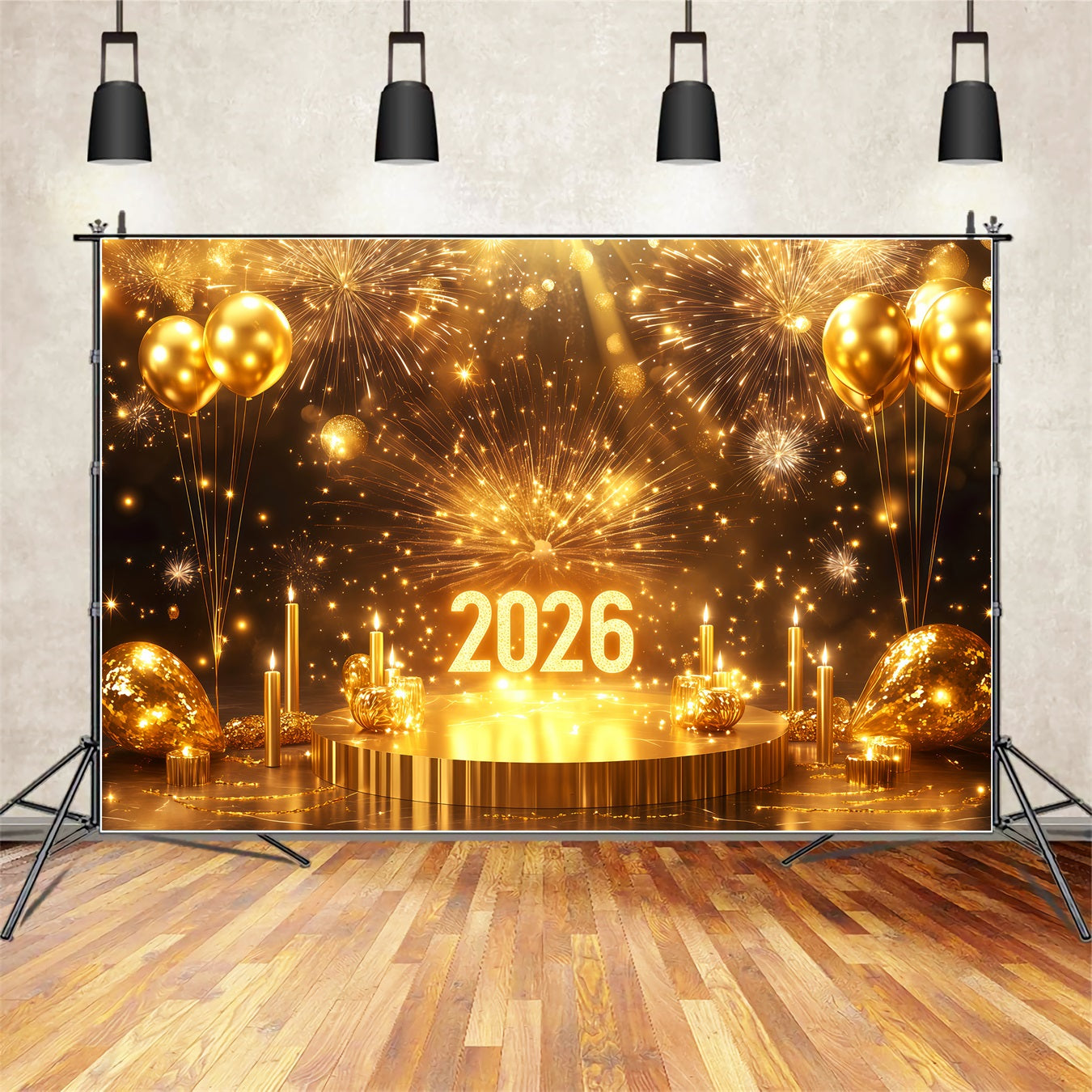 2026 Neujahrs-Hintergrund Bühnenballon Funkelnde Feuerwerke Goldglitzer-Hintergrund TWW512-23