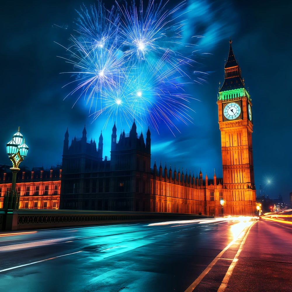 Neujahrs-Hintergrund Londoner Skyline Mitternachtsfeuerwerke Stadtbild-Fotohintergrund TWW512-24