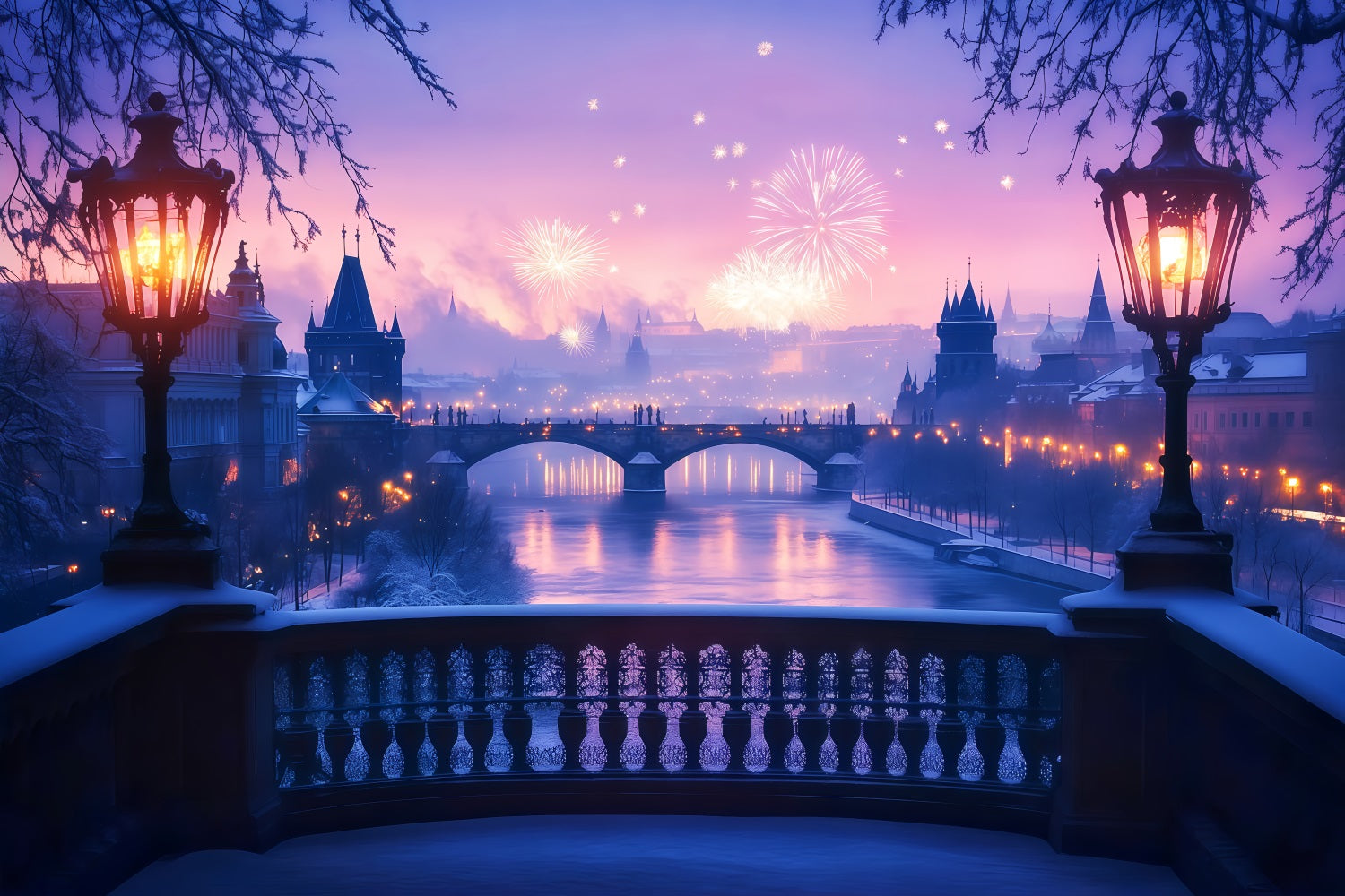 Neujahrs-Fotohintergrund Vereister Fluss Feuerwerk Leuchtende Stadt Nacht-Hintergrund TWW512-29