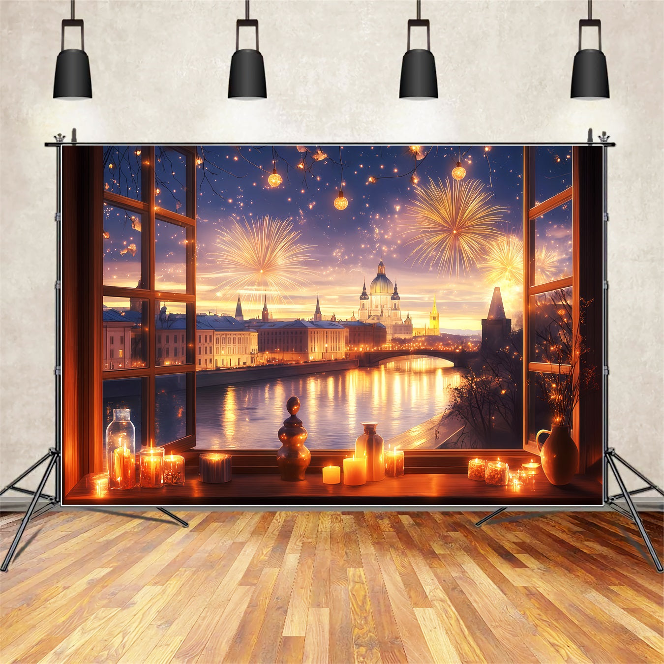 Neujahrsfotohintergrund Fenster Stadt Feuerwerk Glanz Stadtlandschaft Fotohintergrund TWW512-3
