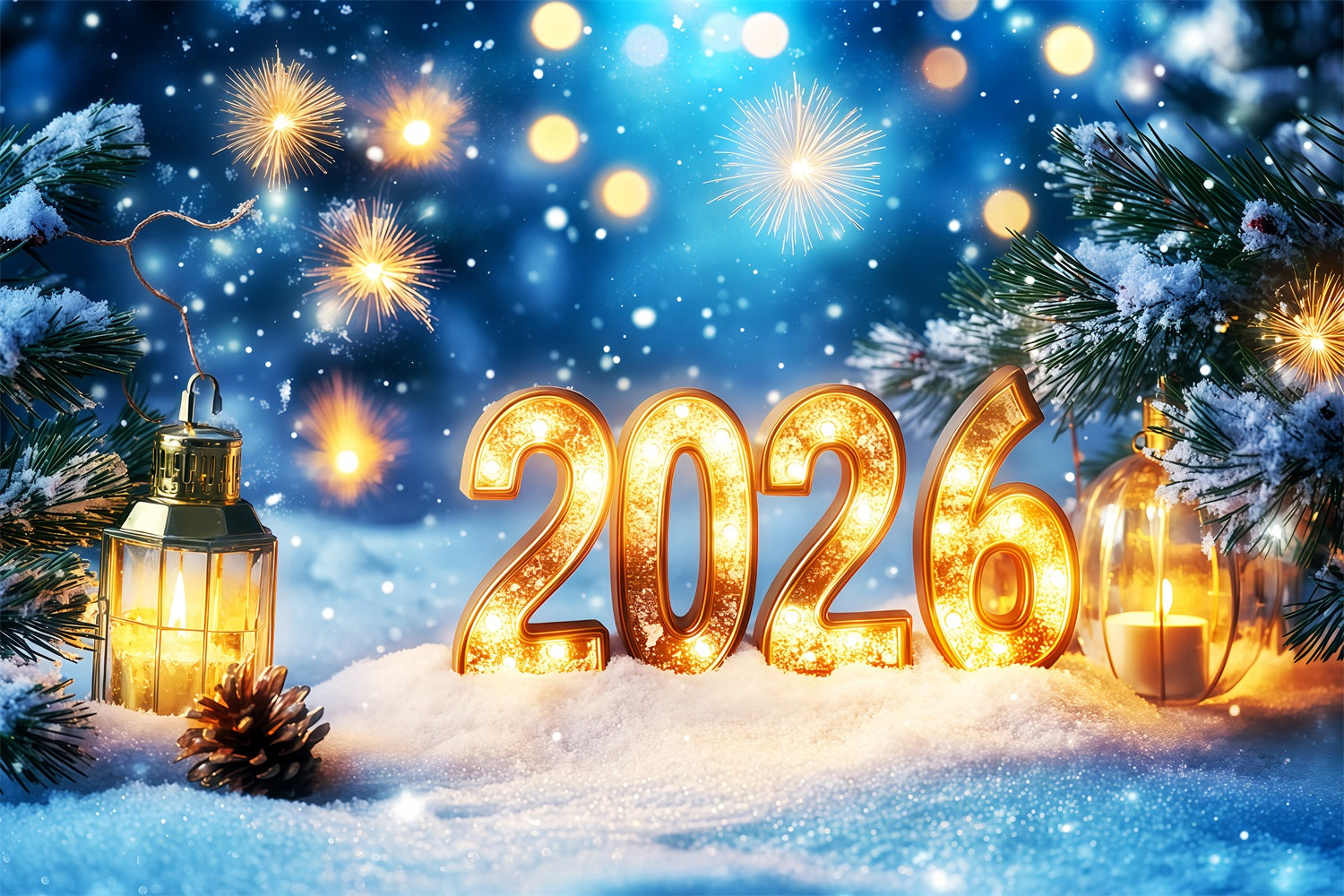 2026 Neujahrs-Hintergrund Schneebedeckte Kiefern Feuerwerk Bokeh Silvester-Hintergrund TWW512-31