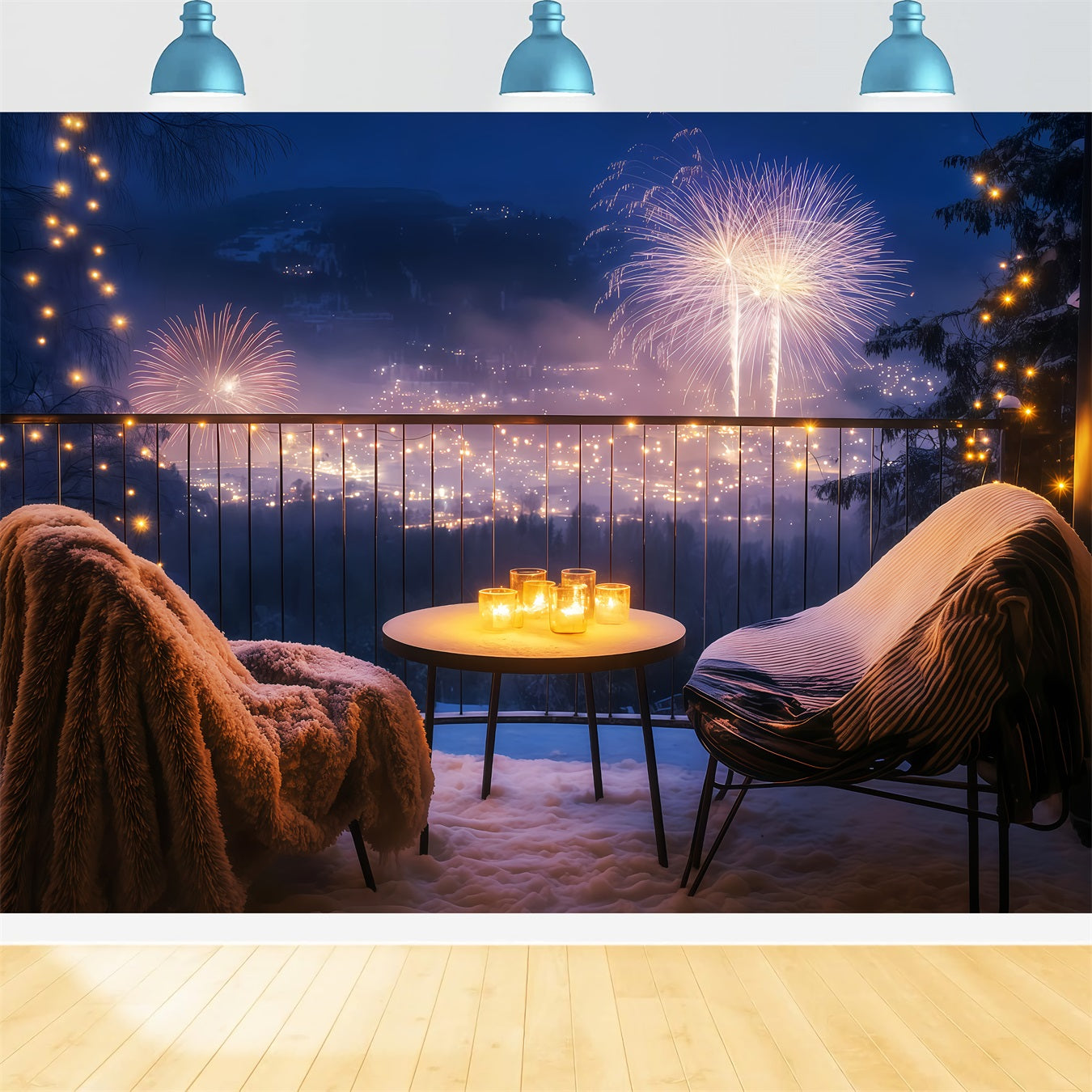 Frohes Neues Jahr-Hintergrund Gemütlicher Balkon Nacht Stadtlandschaft Feuerwerk-Hintergrund TWW512-32