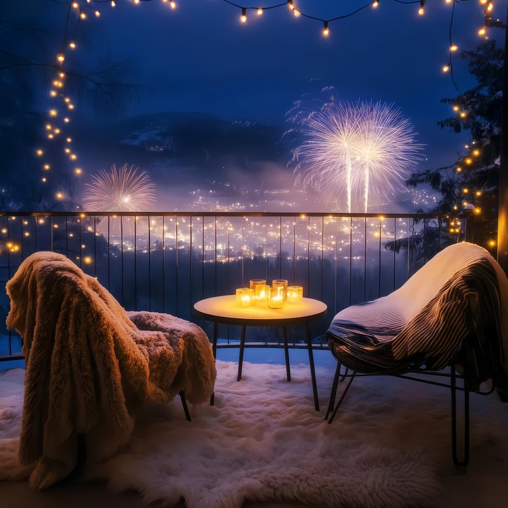Frohes Neues Jahr-Hintergrund Gemütlicher Balkon Nacht Stadtlandschaft Feuerwerk-Hintergrund TWW512-32