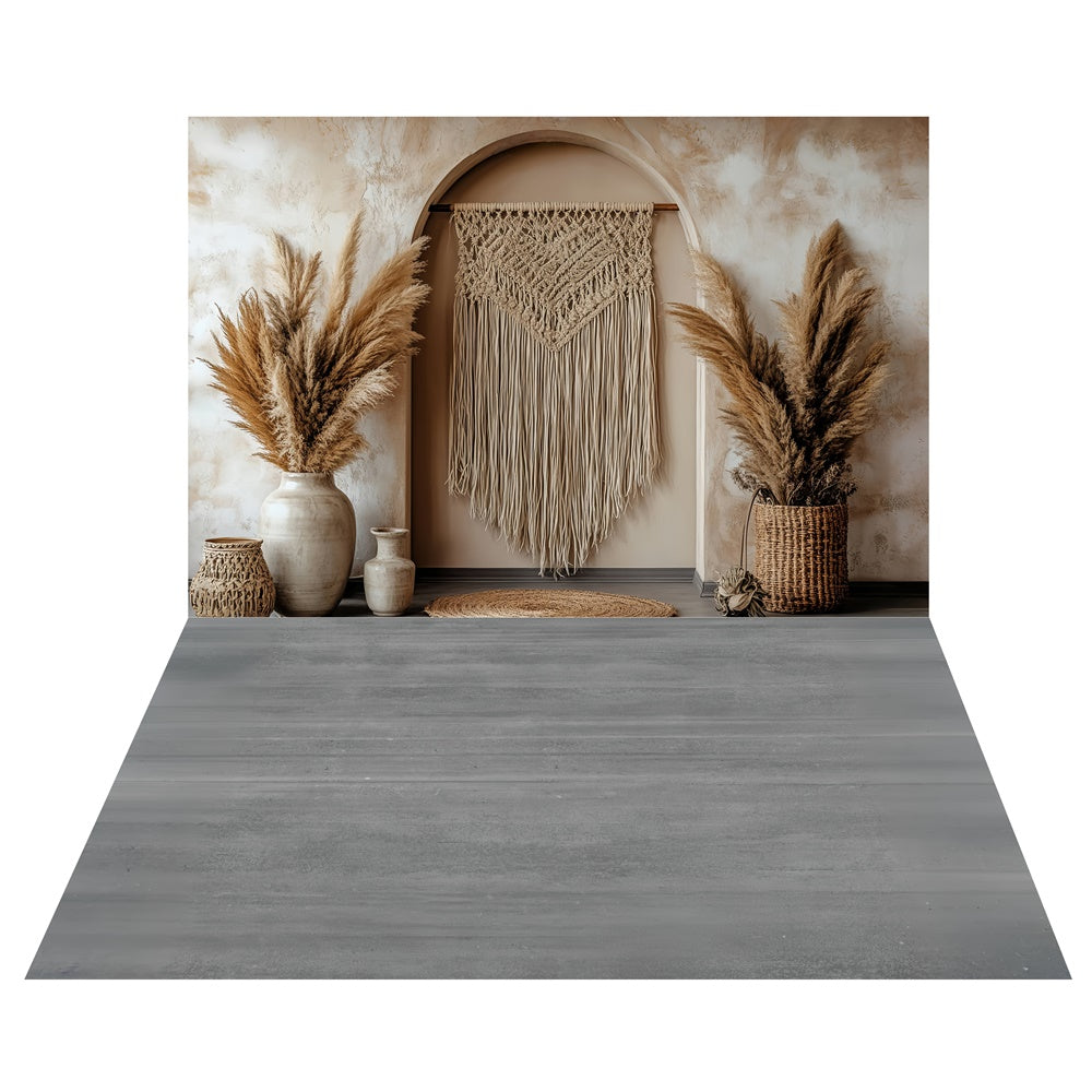 Makramee-Bogen Wand-Hintergrund+Grauer Holzboden-Hintergrund TWW57-107