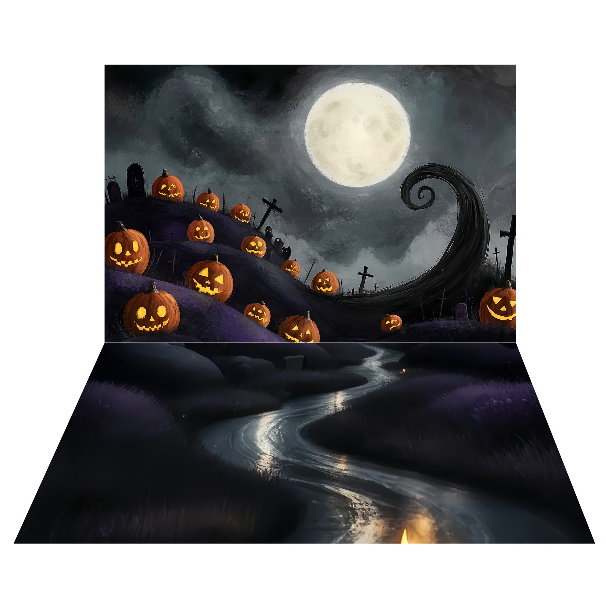 Geisterhafter Halloween-Hügel-Hintergrund+Gewundener Bach-Boden-Hintergrund TWW57-59