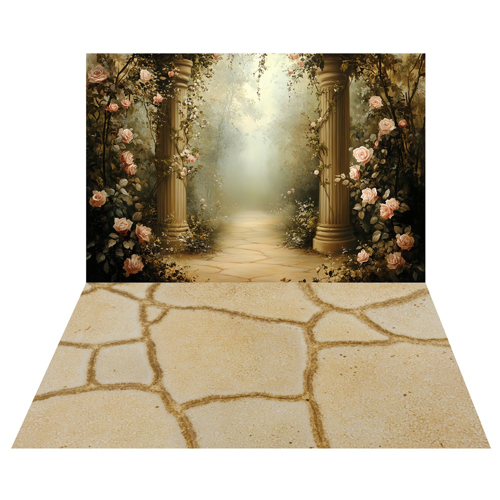 Vintage Rose Pathway Hintergrund + Sandsteinfliesenboden Hintergrund TWW57-67