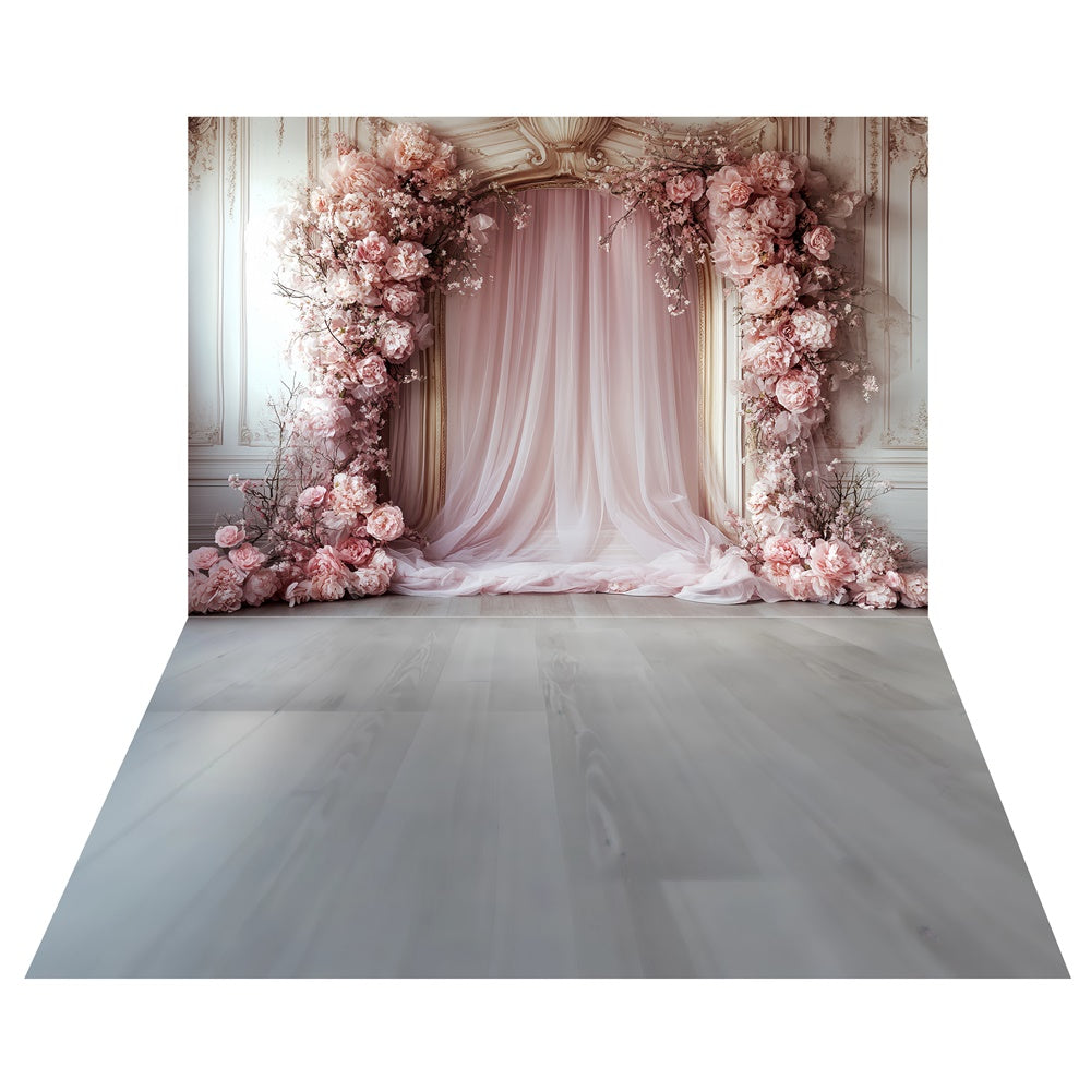 Rosa Blütenvorhang Romantik Hintergrund+Grauer Holzboden Hintergrund TWW57-74