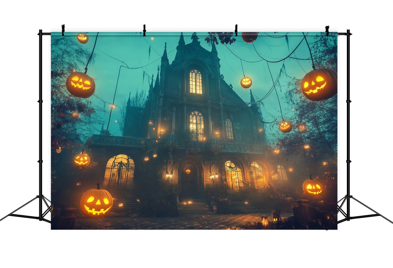 Spukhaus-Fotohintergrund Schwebende Jack-O'-Lanterns um gotisches Herrenhaus Halloween-FotoFotohintergrund TWW58-11
