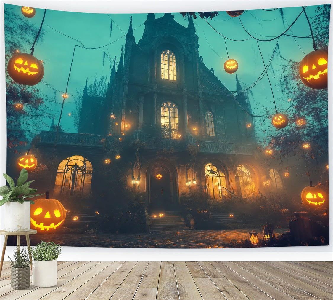 Spukhaus-Fotohintergrund Schwebende Jack-O'-Lanterns um gotisches Herrenhaus Halloween-FotoFotohintergrund TWW58-11