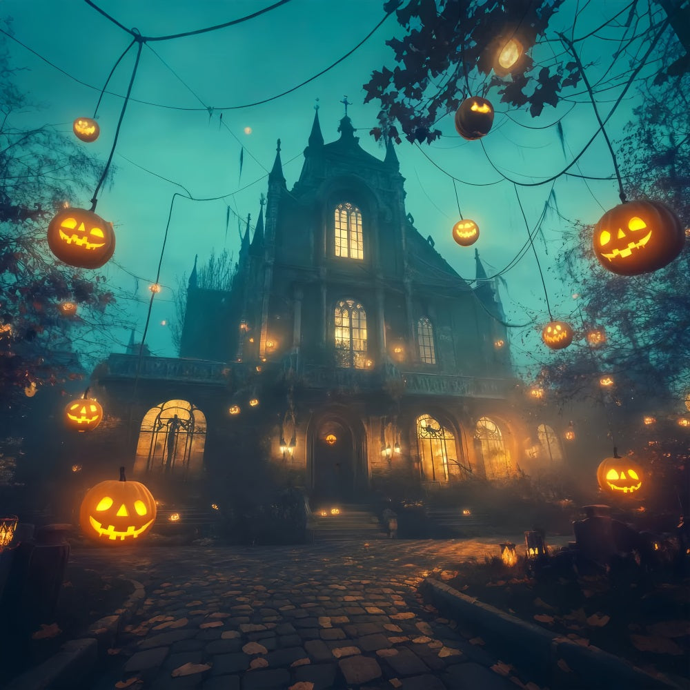 Spukhaus-Fotohintergrund Schwebende Jack-O'-Lanterns um gotisches Herrenhaus Halloween-FotoFotohintergrund TWW58-11