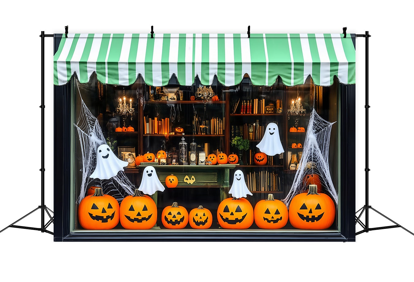 Halloween Lächelnde Kürbisse und Gespenster in Schaufensterauslage Halloween-FotoFotohintergrund TWW58-12
