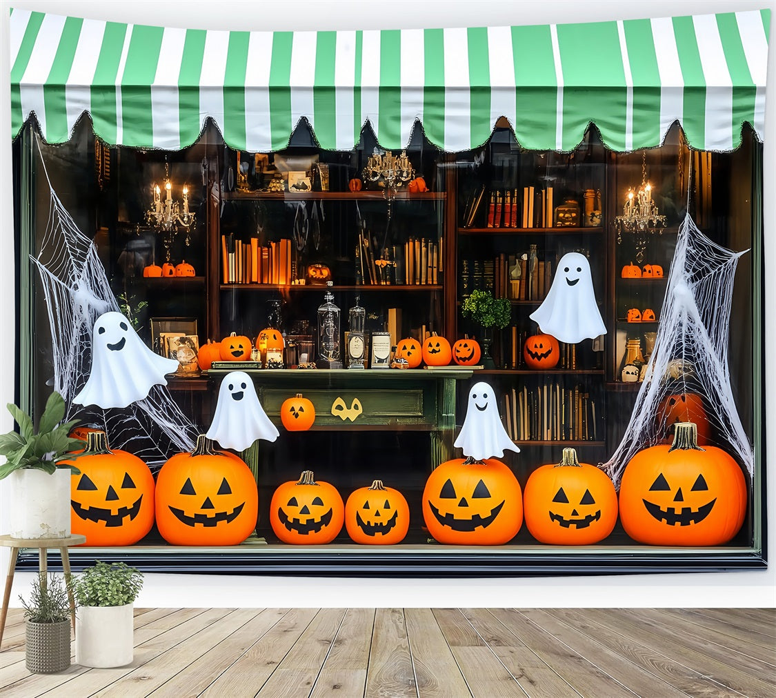Halloween Lächelnde Kürbisse und Gespenster in Schaufensterauslage Halloween-FotoFotohintergrund TWW58-12
