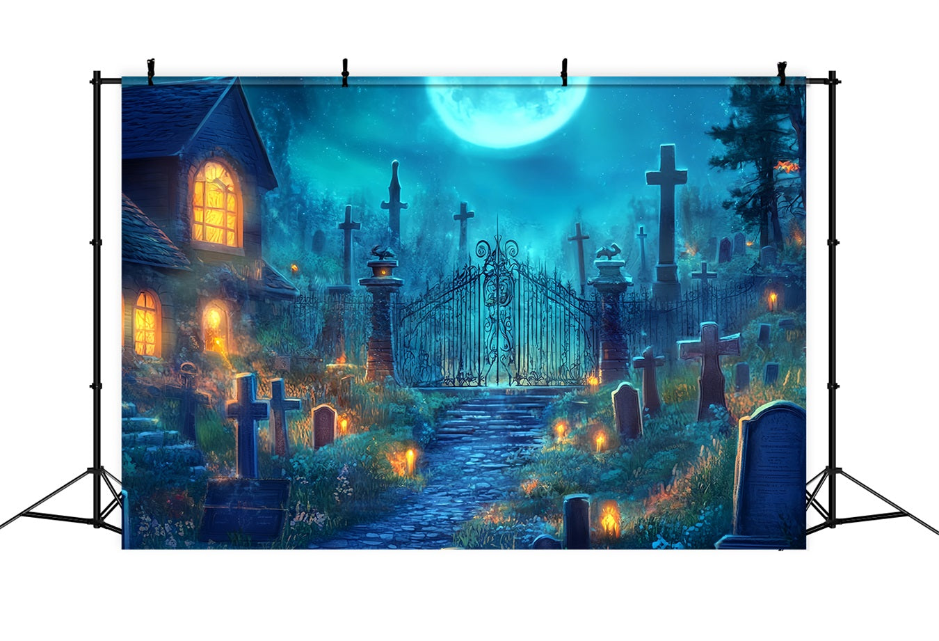 Halloween Friedhofskulisse Moonbeschienener Friedhof mit Eisentor Halloween Kulisse TWW58-2