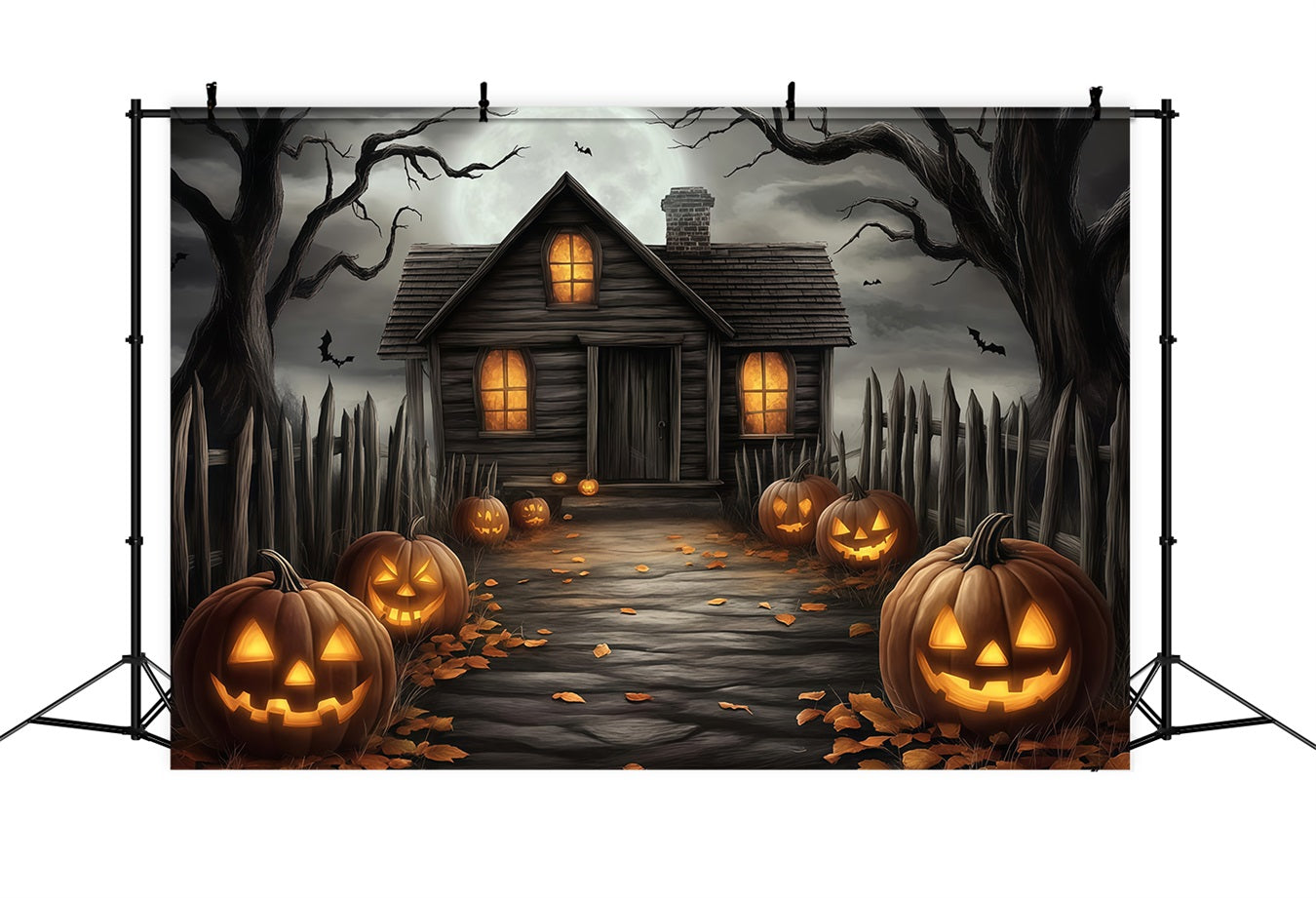 Halloween Haunted Haus Pathway mit geschnitzten Kürbissen Halloween Fotohintergrund für Fotos TWW58-20